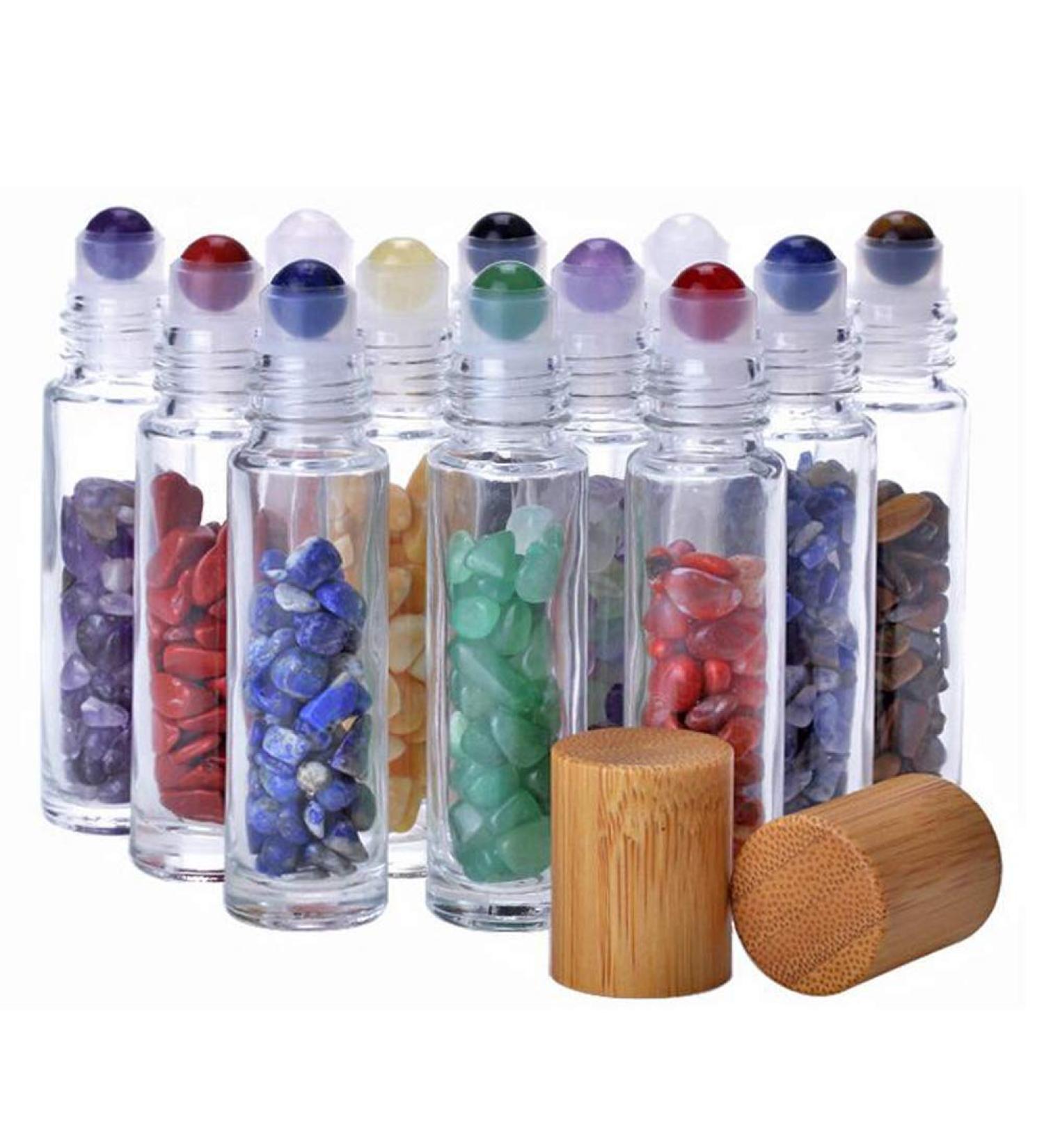 10ml Clear Glass Roll-on Bottles with Gemstone Roller Balls & Healing Crystals - Essential Oil Bottles with Bamboo Lids - 10 Pieces Set - Buy Online on GoSupps.com