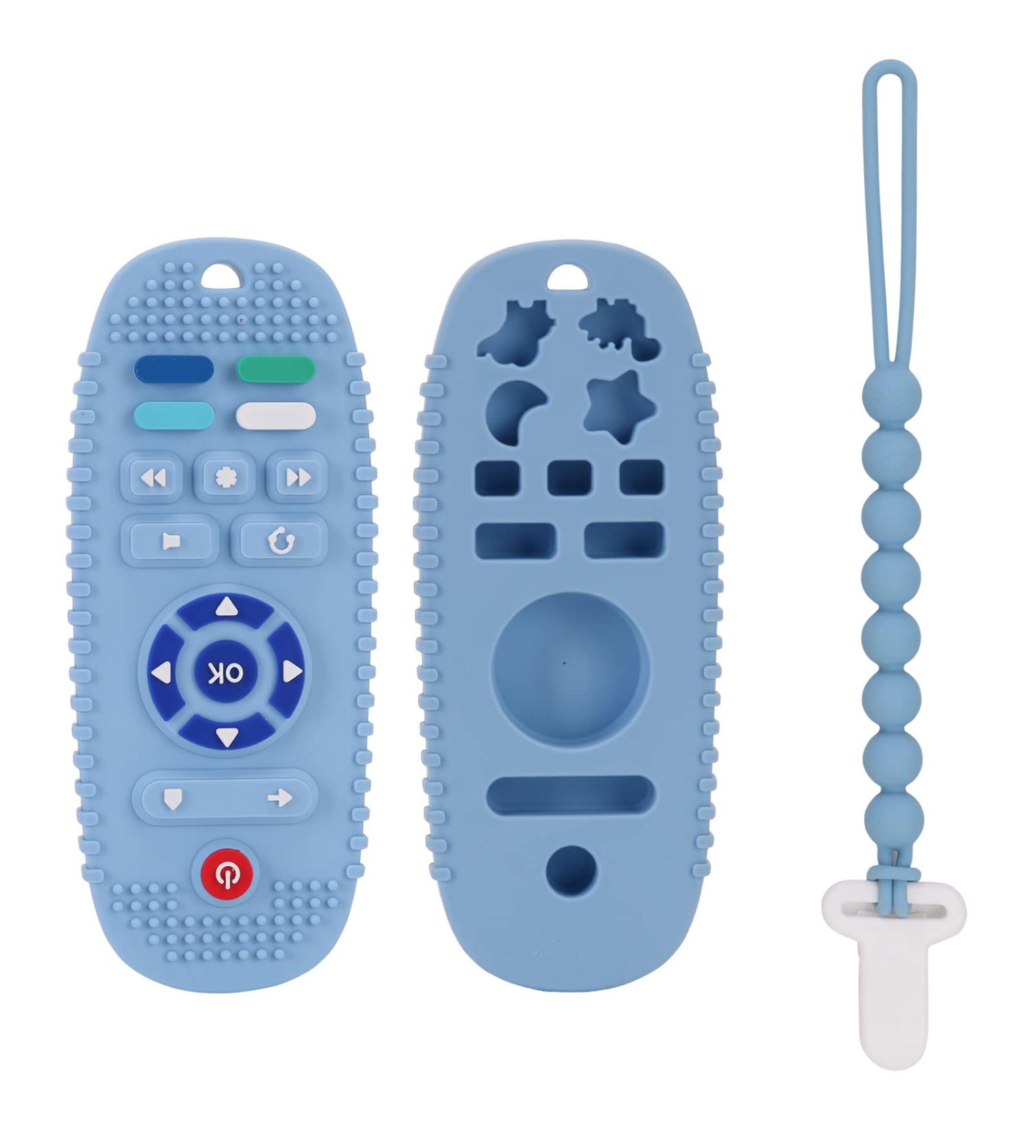 Soft Silicone Teething Toy Set for Babies 6-12 Months - Remote Control Teether with Pacifier Clip Holder - Blue Baby Molar Chew Toy for Teething Relief - Buy Online on GoSupps.com