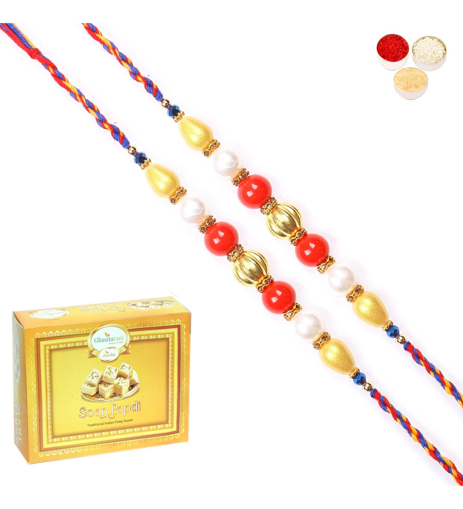 Ghasitaram Gifts Rakhi for Brother Rakhis Online -Set of 2-7622 Pearl Rakhi for My Brother with 400 GMS of Soan Papdi Set of 2 Rakhis with 400 gms of Soan Papdi - Buy Online on GoSupps.com