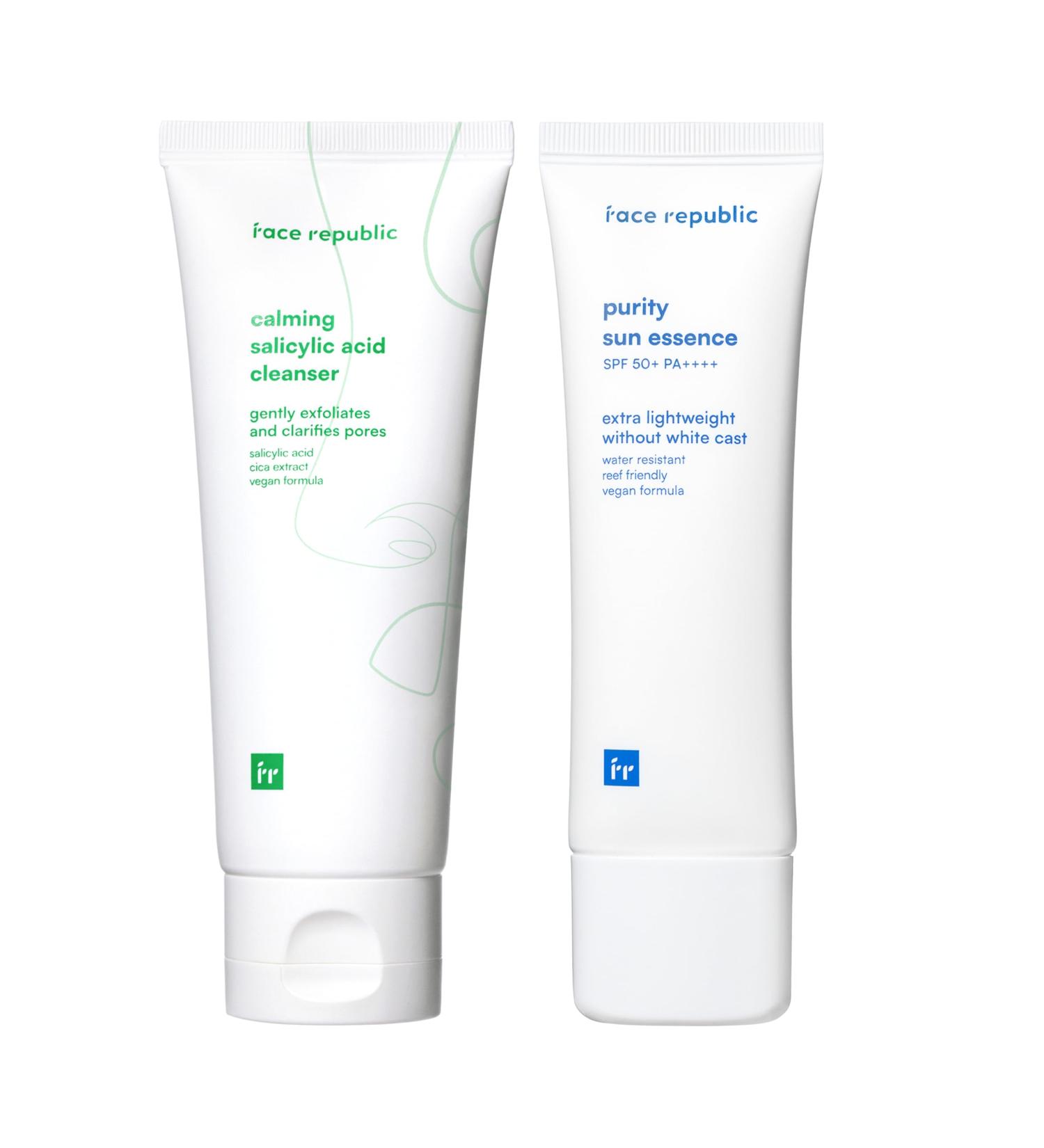 Face Republic Acne Clear & Protect - Calming Acne Salicylic Cleanser + Purity Sun Essence | Salicylic Acid Centella Asiatica Foam Cleanser | SPF 50 Broad Spectrum UV Sunscreen | Vegan Korean Skincare - Buy Online on GoSupps.com