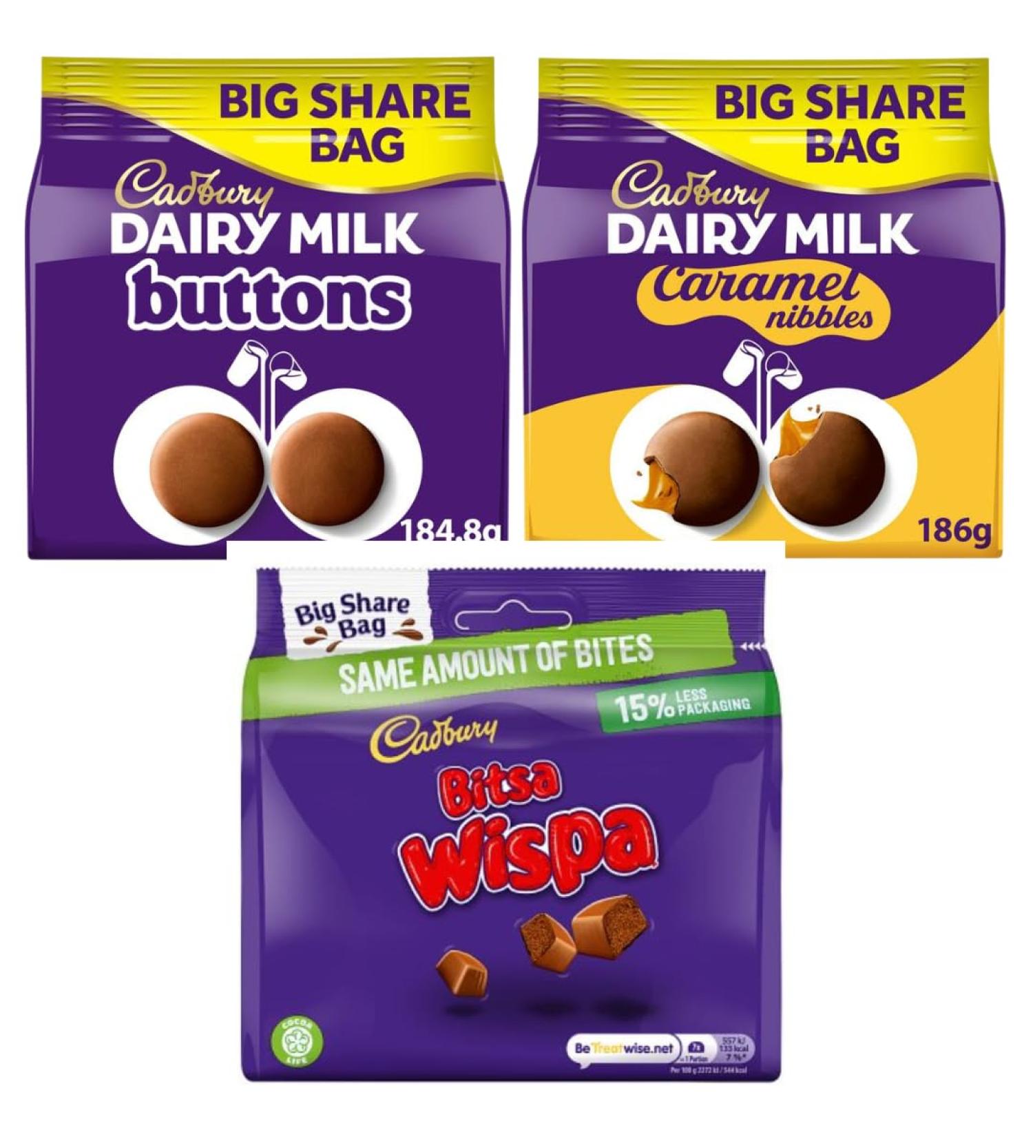 Dairy Milk Bundle with Giant Buttons Sharing Chocolate Bag 185g with Caramel Nibbles 186g & Bitsa Wispa 186g (3 Pack) - Buy Online on GoSupps.com