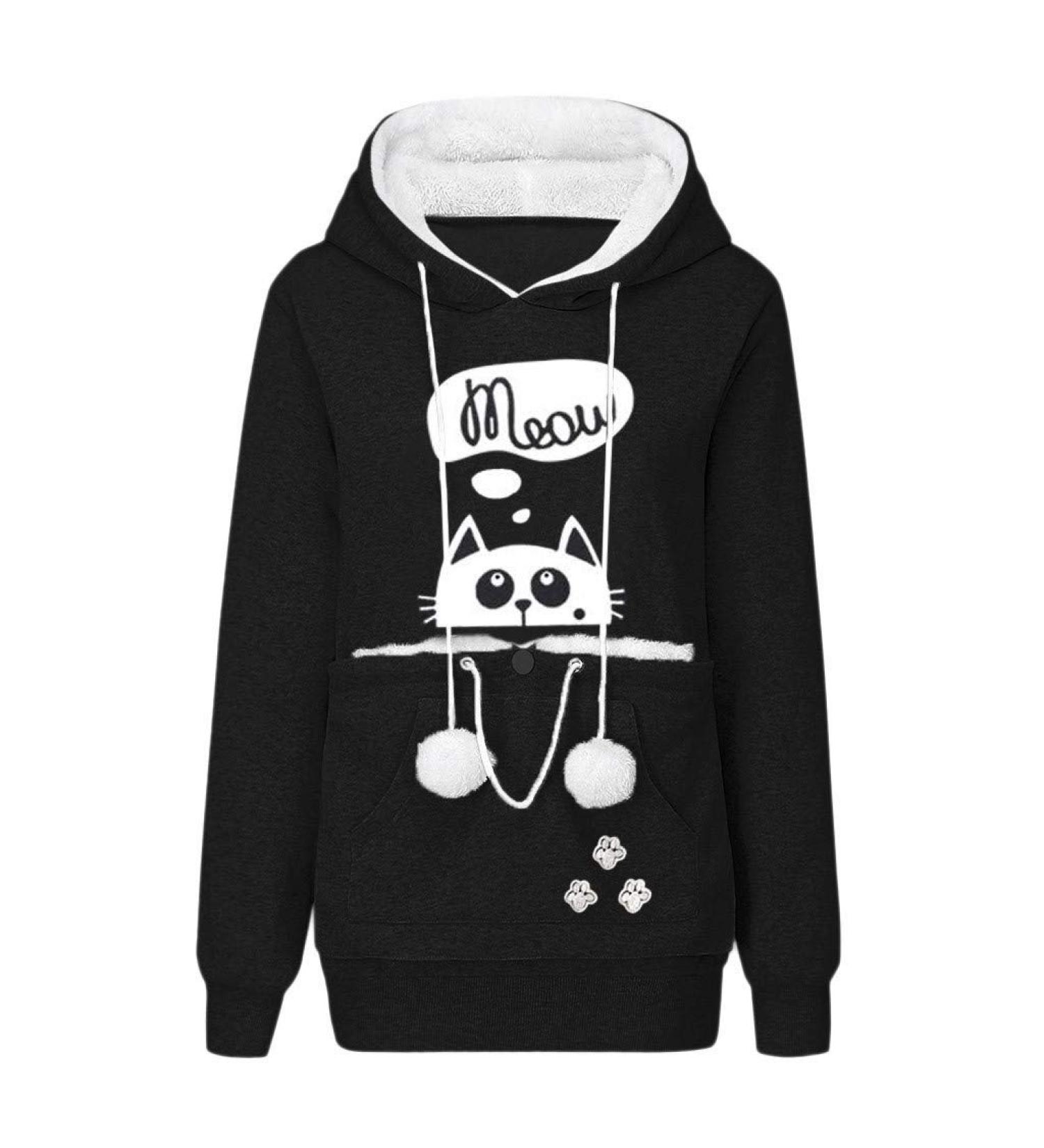 Women's Cat & Dog Pocket Pullover Hoodie - Warm Long-Sleeved Sweatshirt with Zipper - Buy Online on GoSupps.com