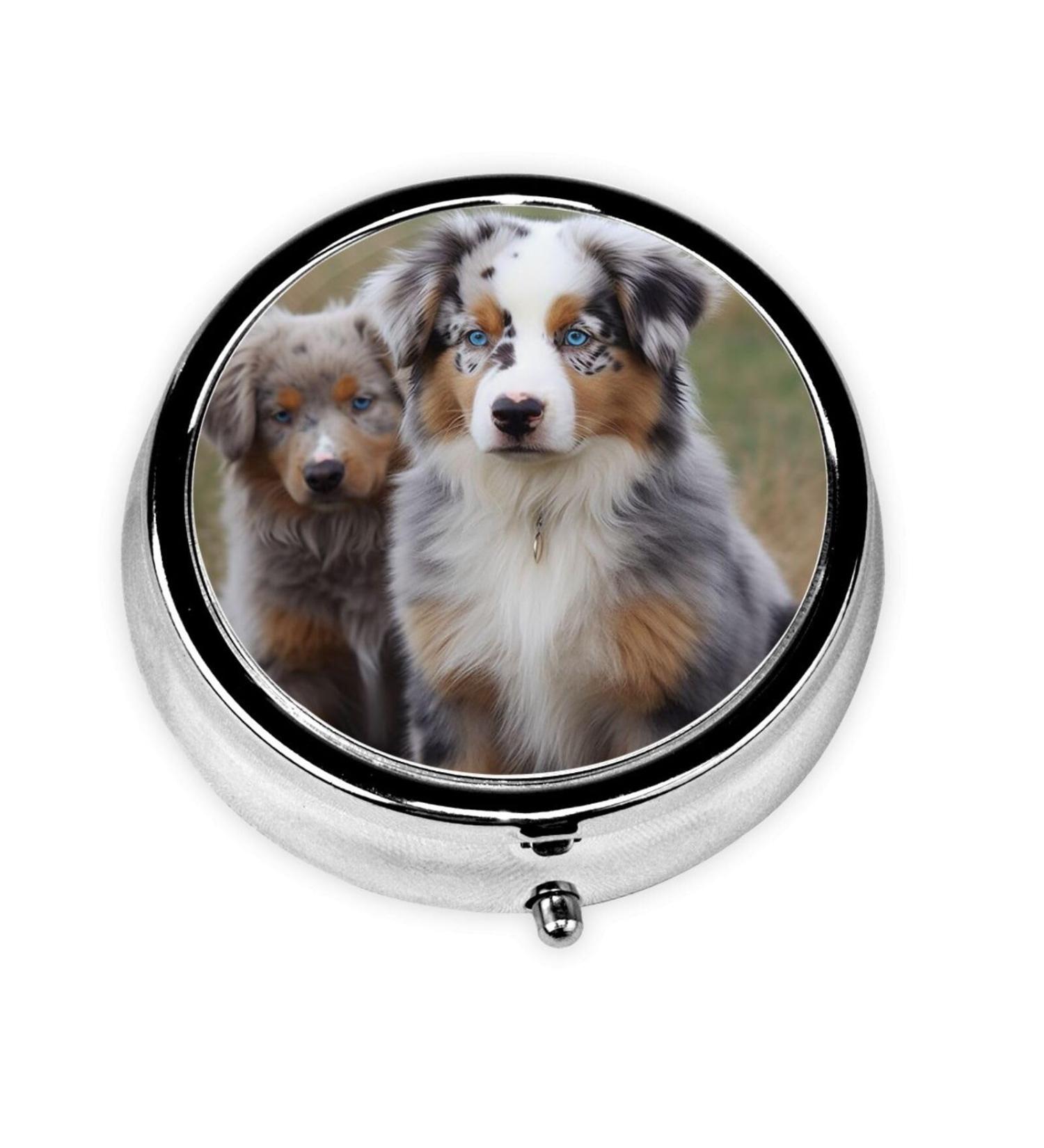 Australian Shepherd Print Pill Box | 3 Compartment Round Metal Organizer | Waterproof & Portable Vitamin Case for Pocket or Purse - Buy Online on GoSupps.com