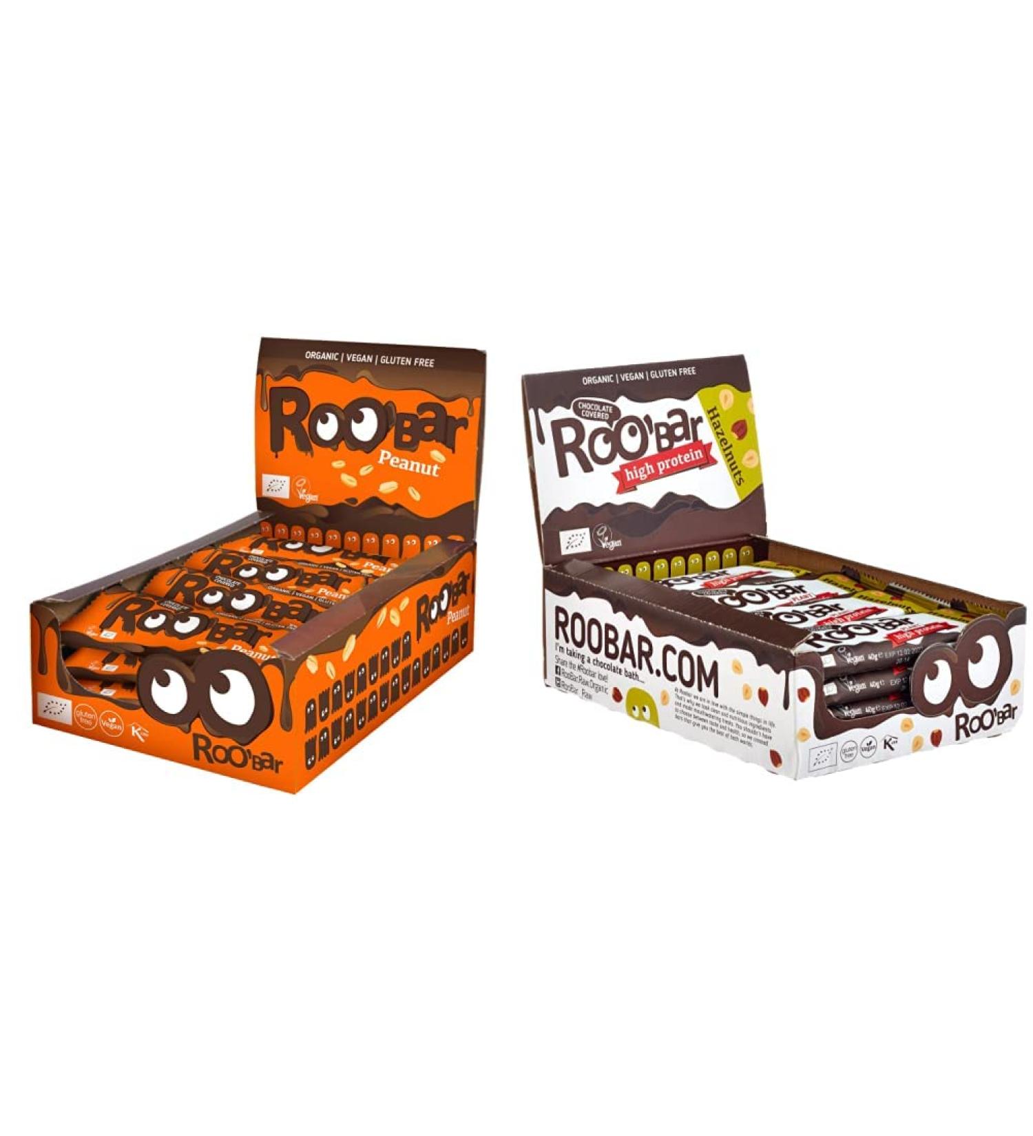 Roobar Peanut & Hazelnut Bars Bundle - 100% Organic Vegan Gluten-Free No Refined Sugar High Protein - 16x30g & 16x40g - Buy Online on GoSupps.com
