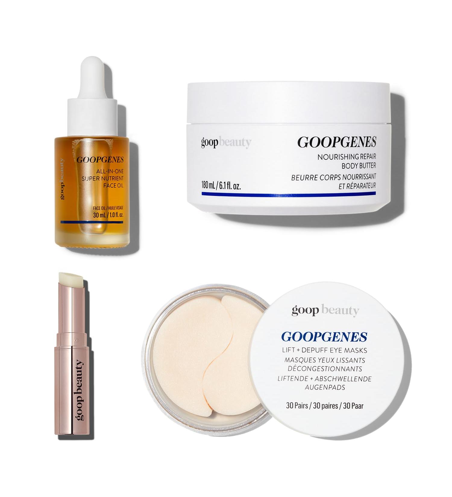 goop Beauty Skin Care Set for Dry Skin | 1 fl oz Hydrating Face Oil | 6.1 fl oz Body Butter | 1 Clean Lip Balm | 30-Pack of Eye Masks for Dark Circles and Puffiness - Buy Online on GoSupps.com