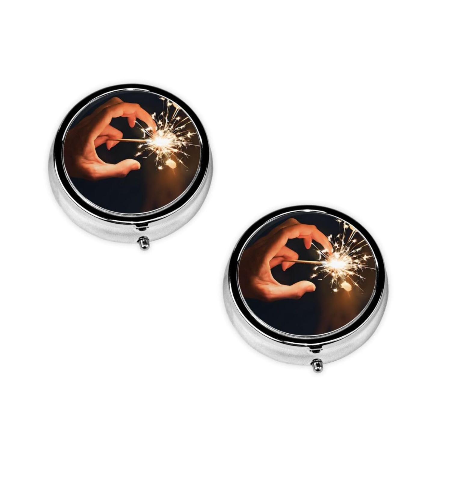 Beautiful Fireworks Round Pill Box - 3 Compartment Portable Travel Medicine Organizer | Mini Decorative Pocket Purse Tablet & Vitamin Holder - Buy Online on GoSupps.com