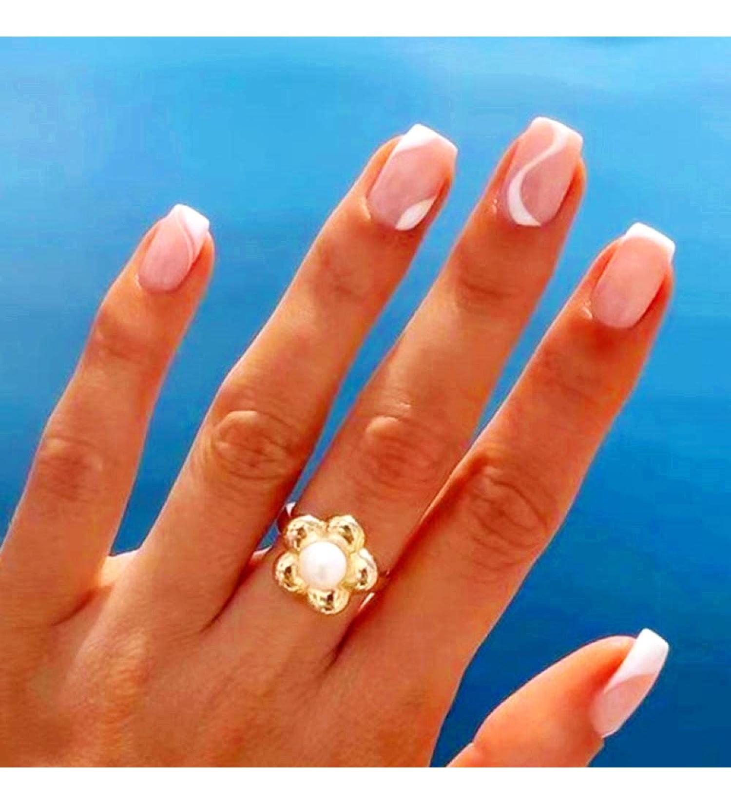 24Pcs Short Square French Press on Nails - White Swirl Design False Nails for Women & Girls - Buy Online on GoSupps.com