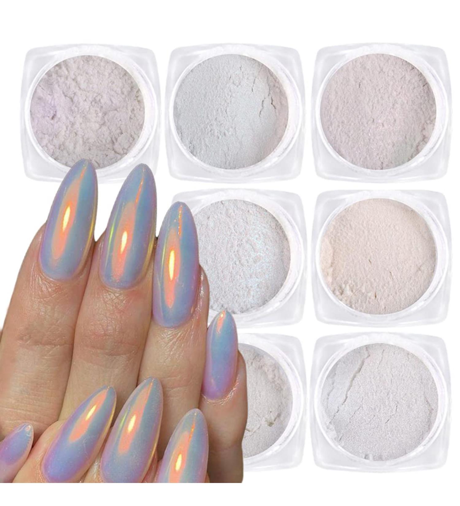 Shimmer Aurora Nail Glitter Powder Set - Neon Mermaid Dust Chrome Pigment for High Gloss Nail Art - 7 Boxes with Sponge Sticks - Buy Online on GoSupps.com