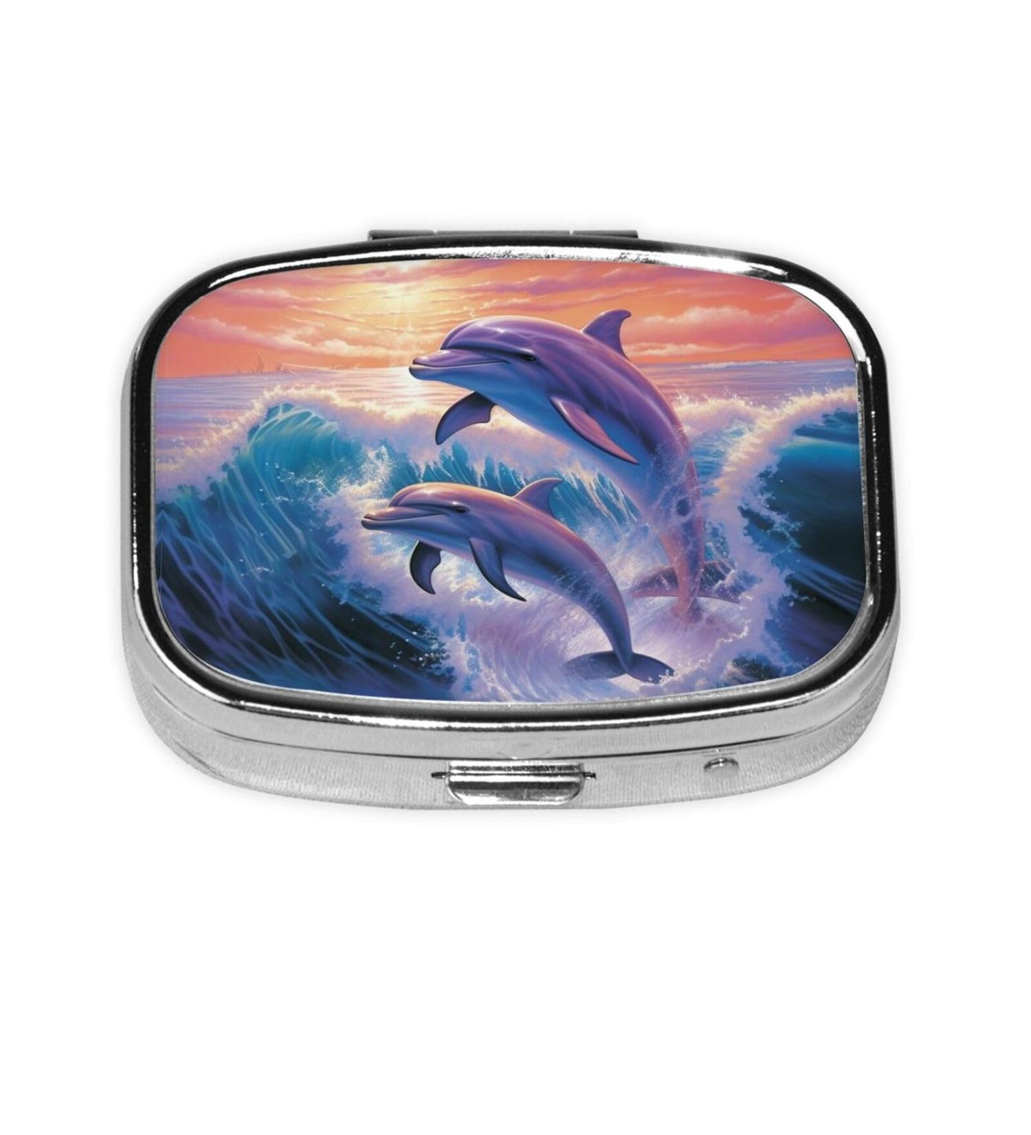 Dolphins Art Small Pill Case | 2 Compartment Travel Pill Organizer | Cute Pill Box for Purse & Travel Gifts - Buy Online on GoSupps.com