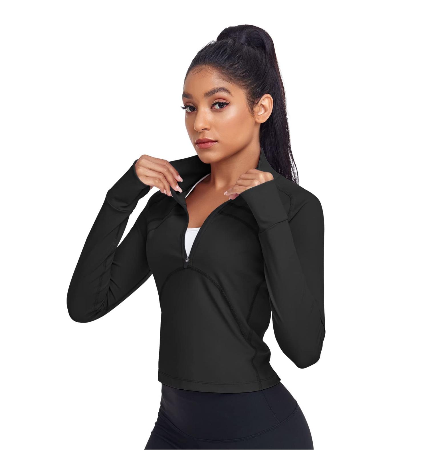 HISKYWIN Women's Cropped Workout Jacket - Black | Half Zip Pullover | Slim Fit Long Sleeve Athletic Top - Buy Online on GoSupps.com