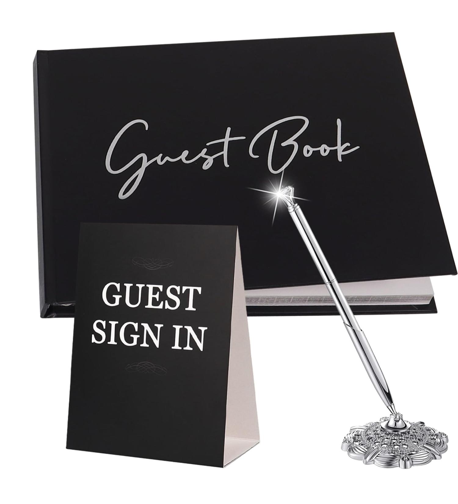 Wedding Guest Book with Pen Black Guest Book for Wedding Reception Party Funeral Memorial Baby Shower Birthday Graduation Guest Book 2023 Thick Paper with Silver Foil - Buy Online on GoSupps.com