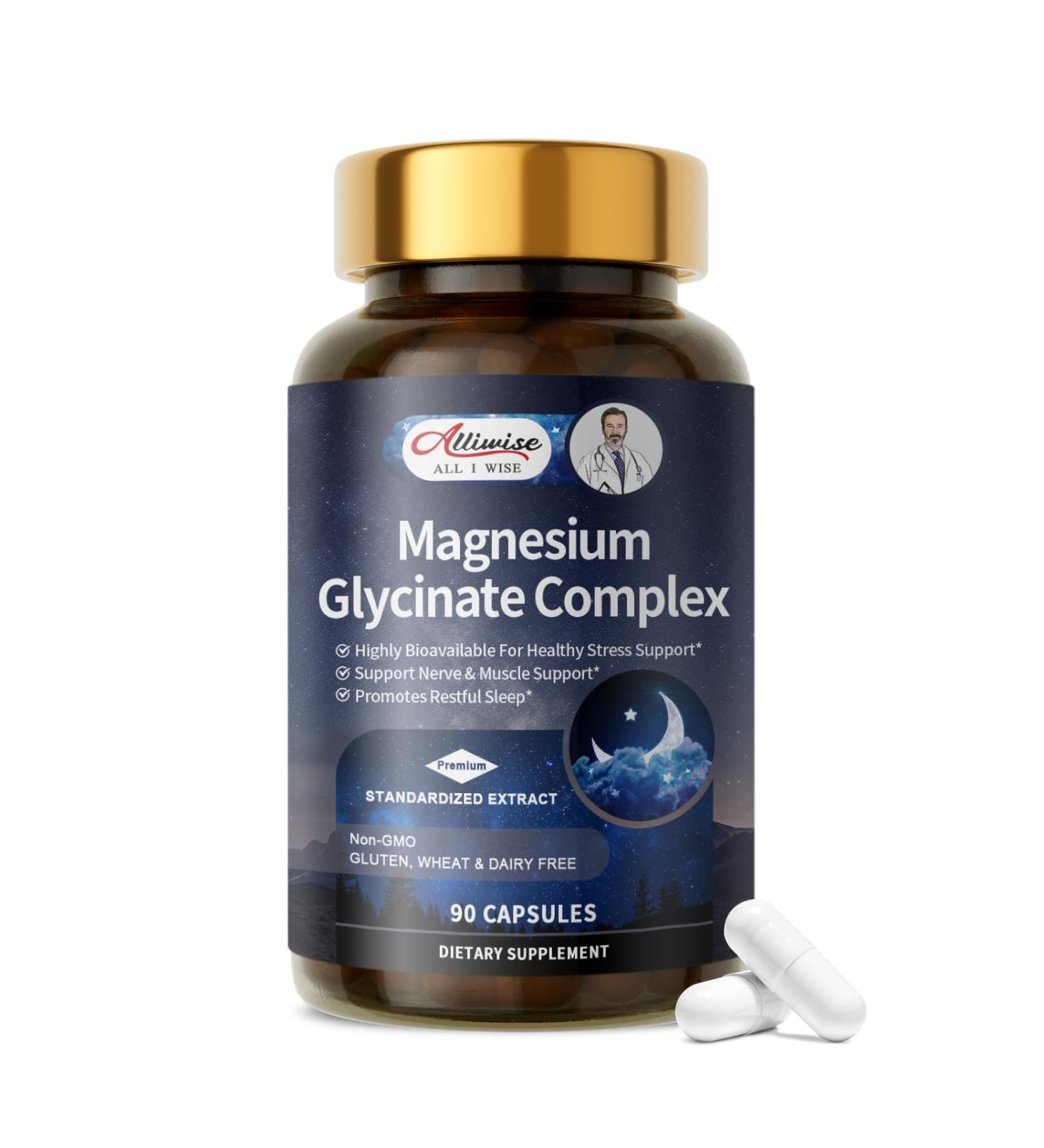 Alliwise Magnesium Glycinate Complex High Absorption Vegan Magnesium Supplement for Women and Men Sleep Support* Promotes Relaxation Heart Muscle & Bone Support* Gluten Dairy and Soy Free -90 ct - Buy Online on GoSupps.com