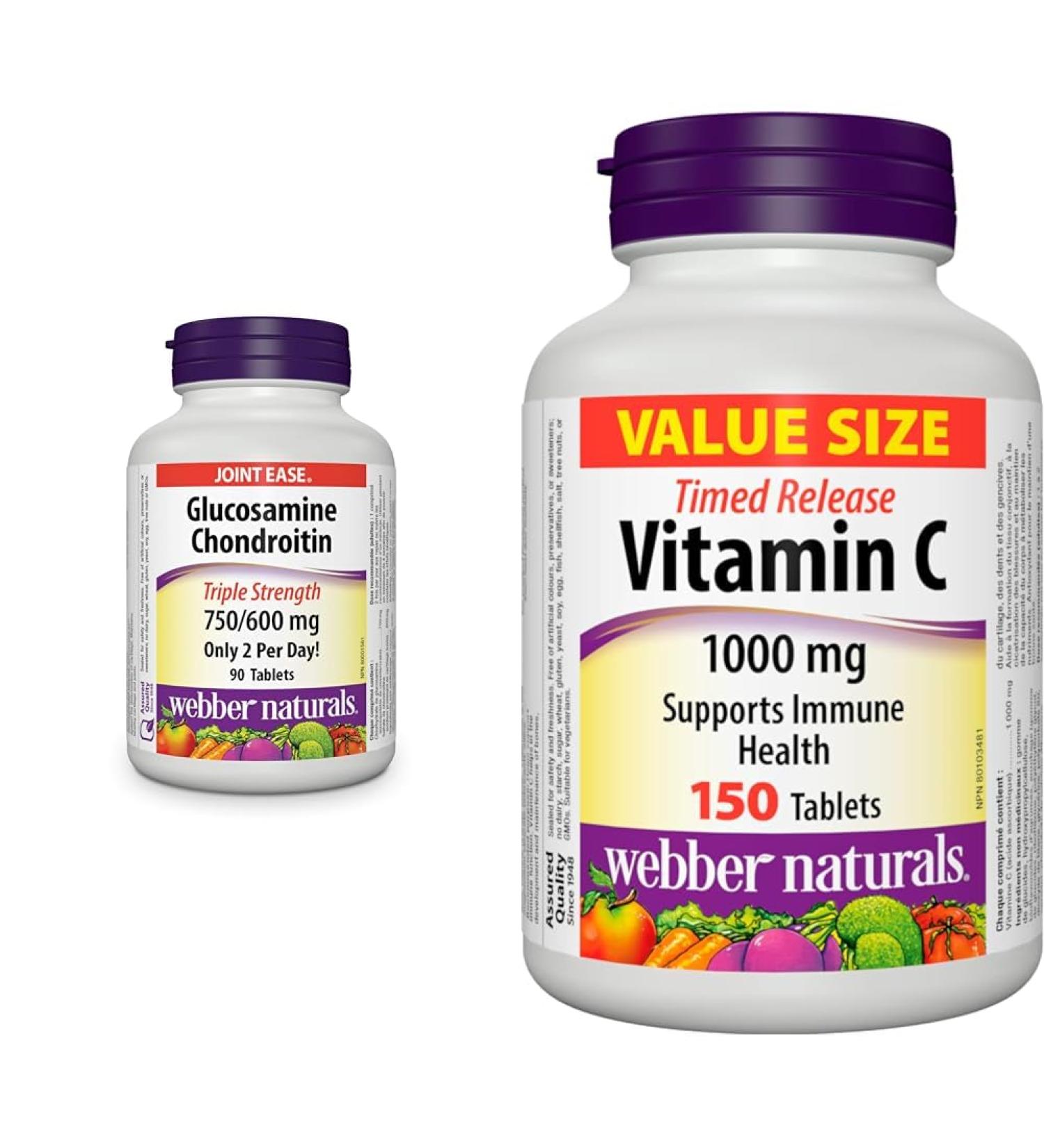 Webber Naturals Glucosamine Chondroitin Triple Strength 90 Tablets & Vitamin C Timed Release 1000 mg 150 Tablets For Bones Teeth Immune and Antioxidant Health - Buy Online on GoSupps.com