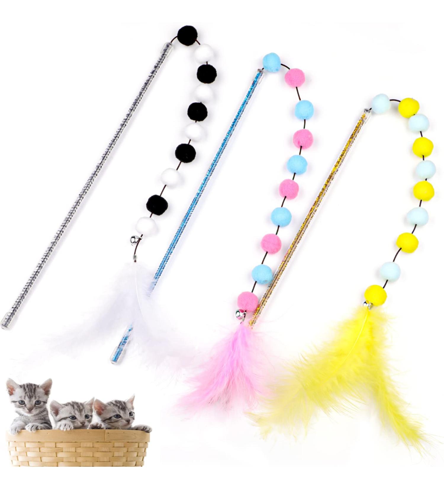 Vaktop Cat Wand 3PCS Interactive Cat Toys for Indoor Cats Adult Kitten Colourful Cat Feather Toys with Bell and Plush Balls on Cat Toy Set Kitten Toy - for Cat Playing Exercising and Training - Buy Online on GoSupps.com