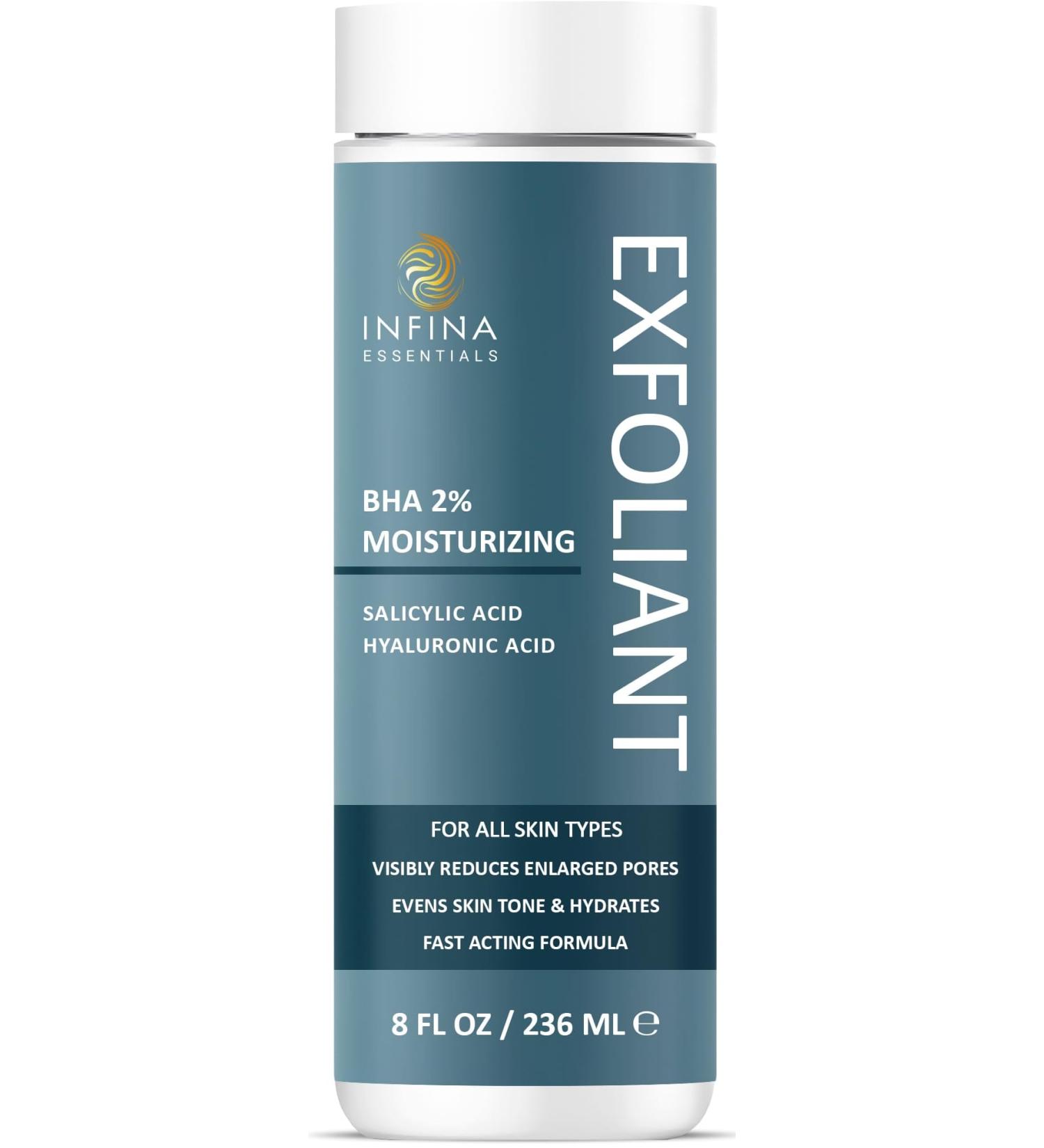 INFINA ESSENTIALS Big 8 fl oz Face Exfoliator - Pore Reducing BHA Liquid Exfoliant with Glycolic & Salicylic Acid - Hyaluronic Acid for Smooth, Even Toned Skin - Buy Online on GoSupps.com