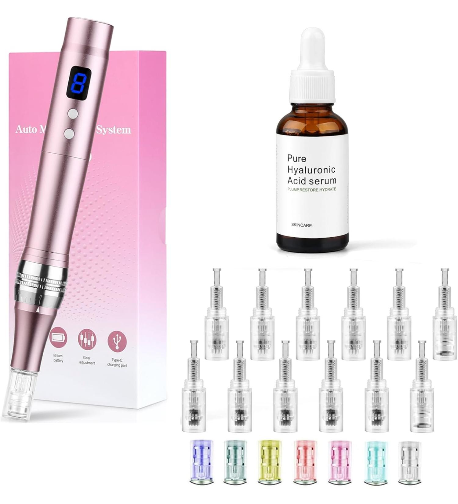 Desnill Dermapen Microneedling Pen - 0-2.5mm with LED Light & Hyaluronic Acid Serum | Anti-Aging Anti-Folds - 12 Needle Cartridges Included - Buy Online on GoSupps.com