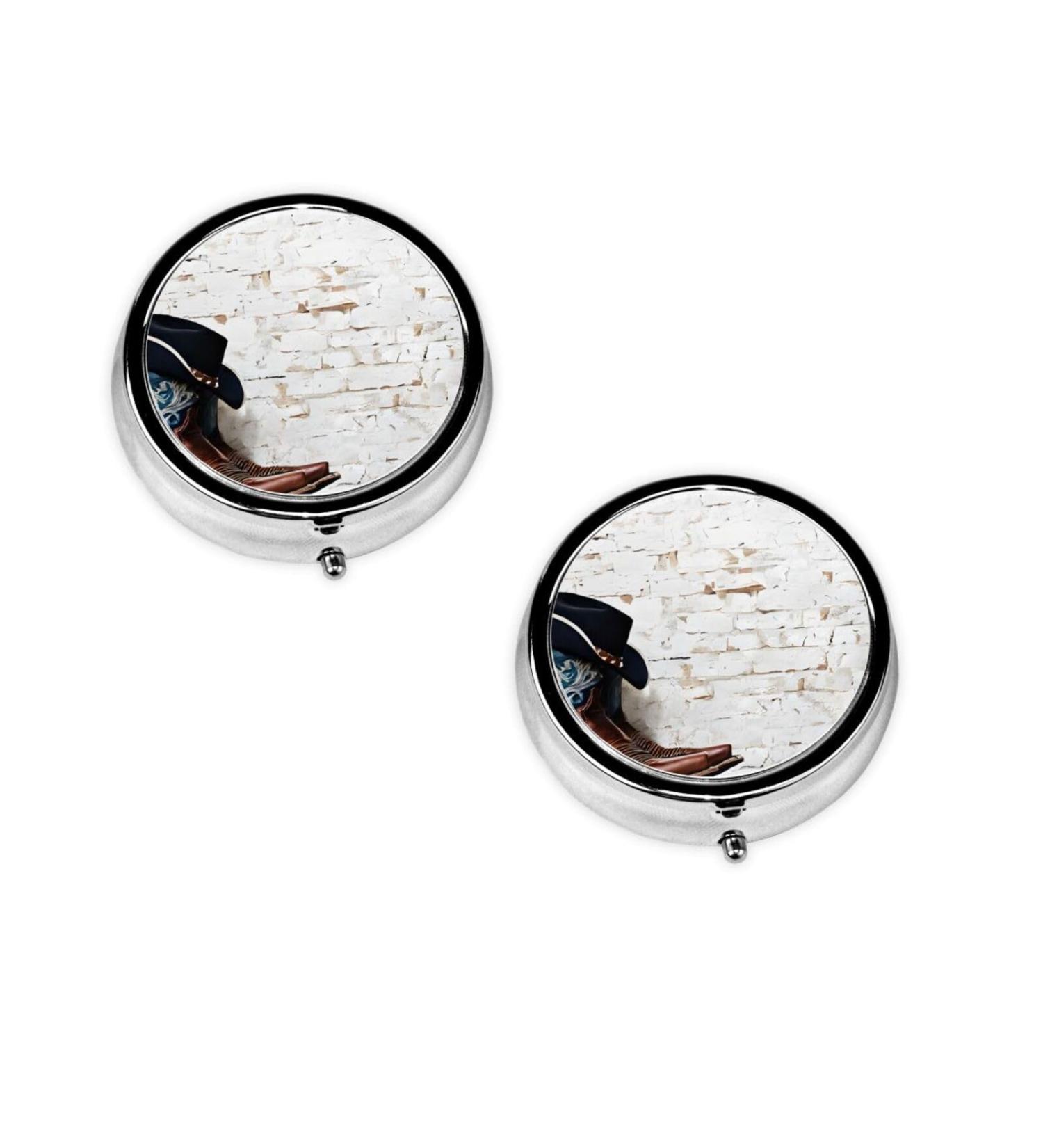 Shop Cowboy Hat & Boots Printed Mini Round Pill Box | 3 Compartment Travel Pill Organizer for Home & Office - Buy Online on GoSupps.com