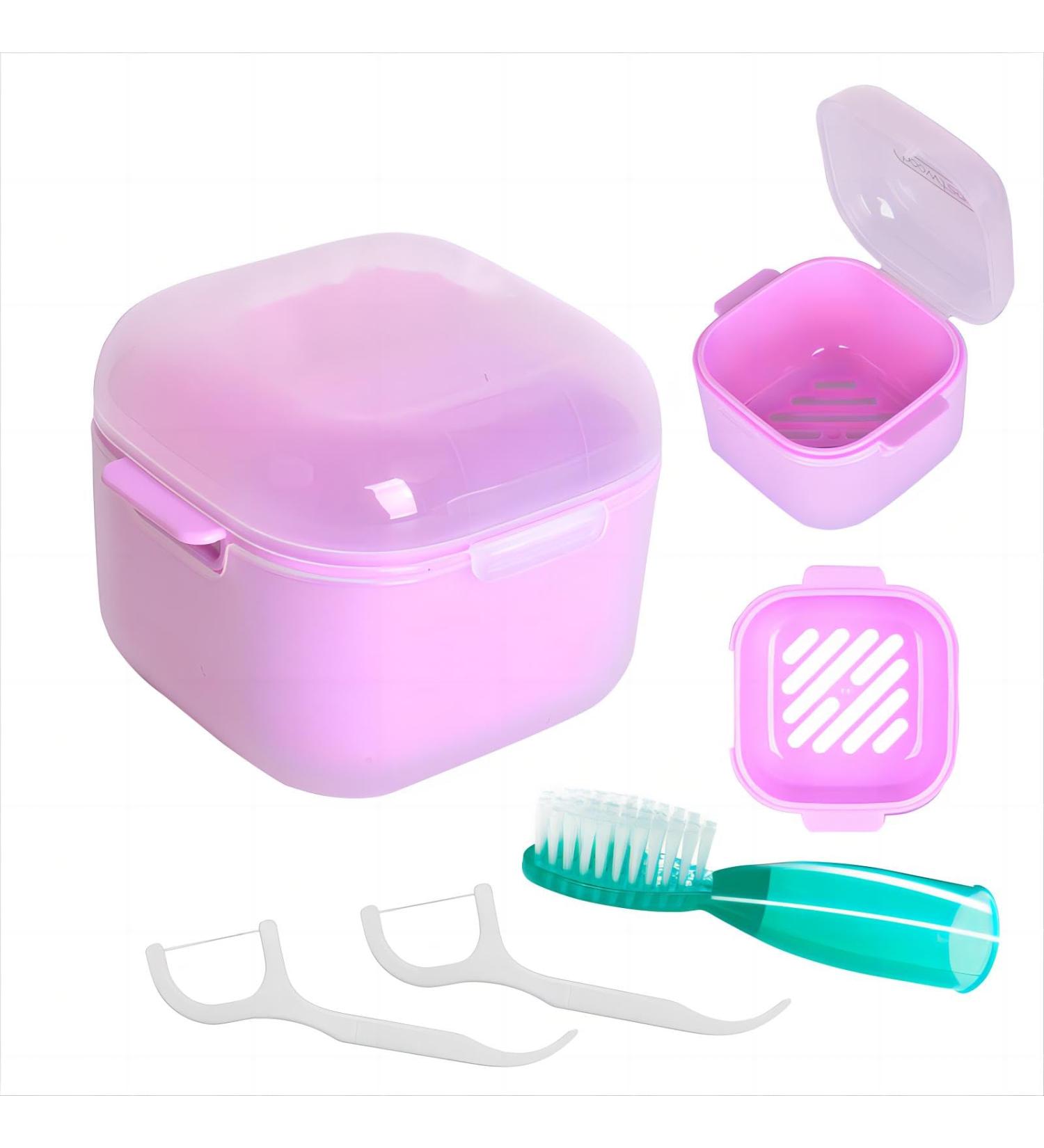 DIDATOOL Denture Cup Denture Bath for Soaking Dentures Denture Case with Lid Easy to Carry and Clean Denture Case with Removable Rinse Basket and Finger Toothbrush (Square Transparent Purple) Square Transparent Purple - Buy Online on GoSupps.com