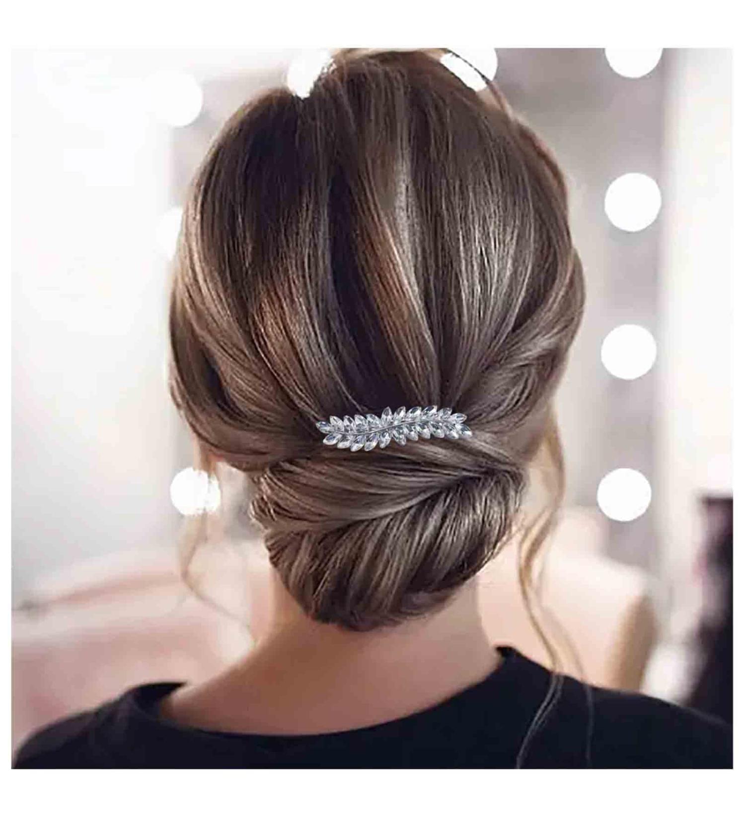 Iaceble French Rhinestone Leaf Hairclip Barrette | Sparkly Crystal Hair Accessories for Women and Girls - Silver Leaf Bridal Hair Clips - Buy Online on GoSupps.com
