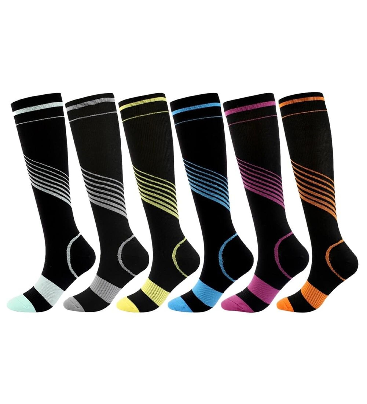 WOOAUTO Compression Socks for Men & Women - Colorful Striped Knee High Sports Socks for Running Cycling & Football - 6 Pair Set (S-M) - Buy Online on GoSupps.com