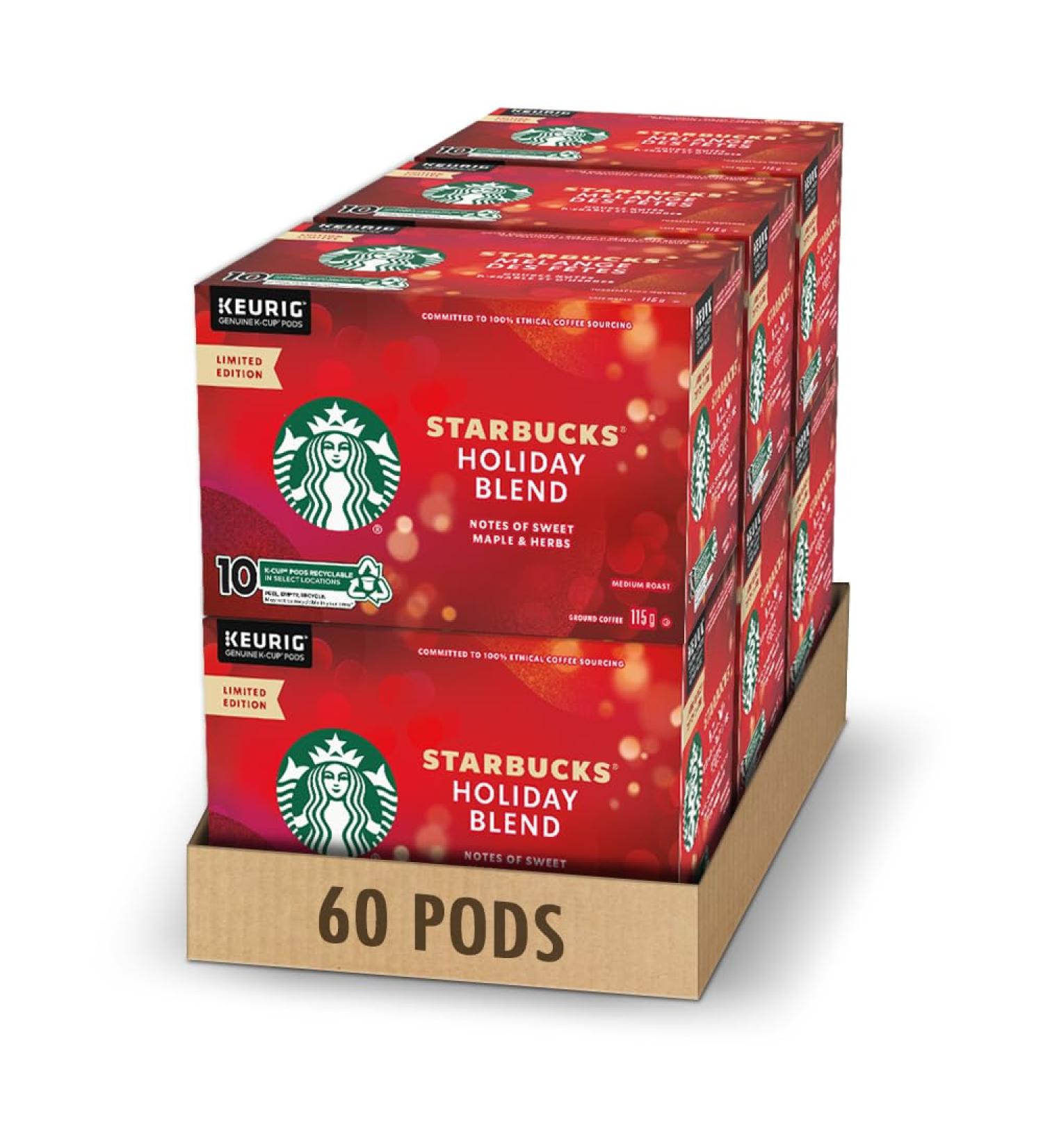 Starbucks Holiday Blend Medium Roast Coffee Single Serve Keurig Certified Recyclable K-Cup Pods for Keurig Brewers 60 Count Holiday Blend 10 count (Pack of 6) - Buy Online on GoSupps.com