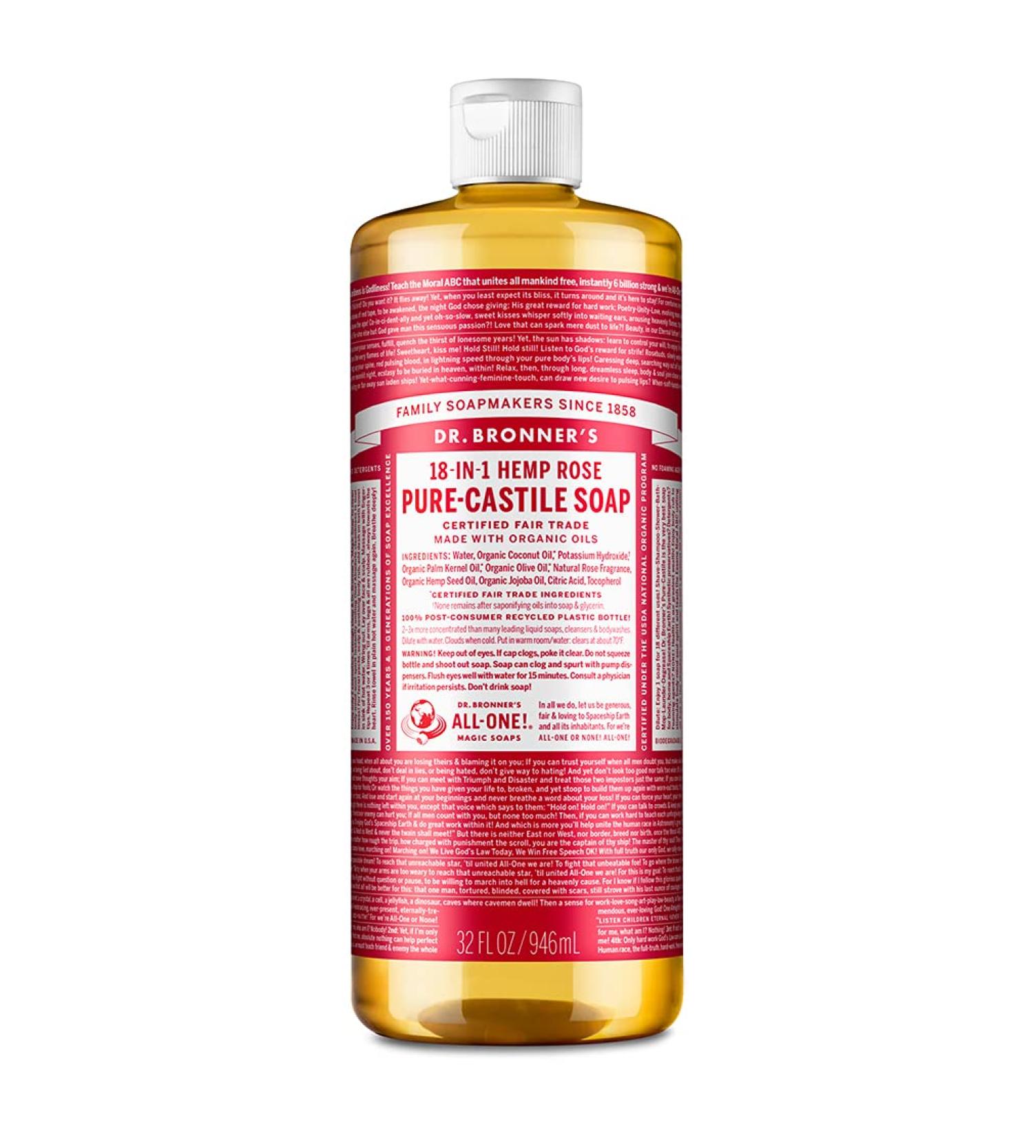 Dr. Bronner's Rose Pure-Castile Liquid Soap 32oz - Organic, Vegan, Non-GMO - Multipurpose for Face, Body, Hair, Laundry, Pets & Dishes - Buy Online on GoSupps.com