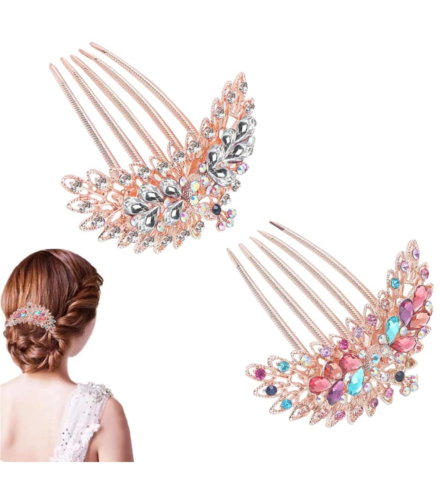 Peacock Hair Combs - 2 PCS Pearl Rhinestone Hairpins for Bridal Wedding - Crystal Hair Accessories in Silver & Mixed Colors - Buy Online on GoSupps.com