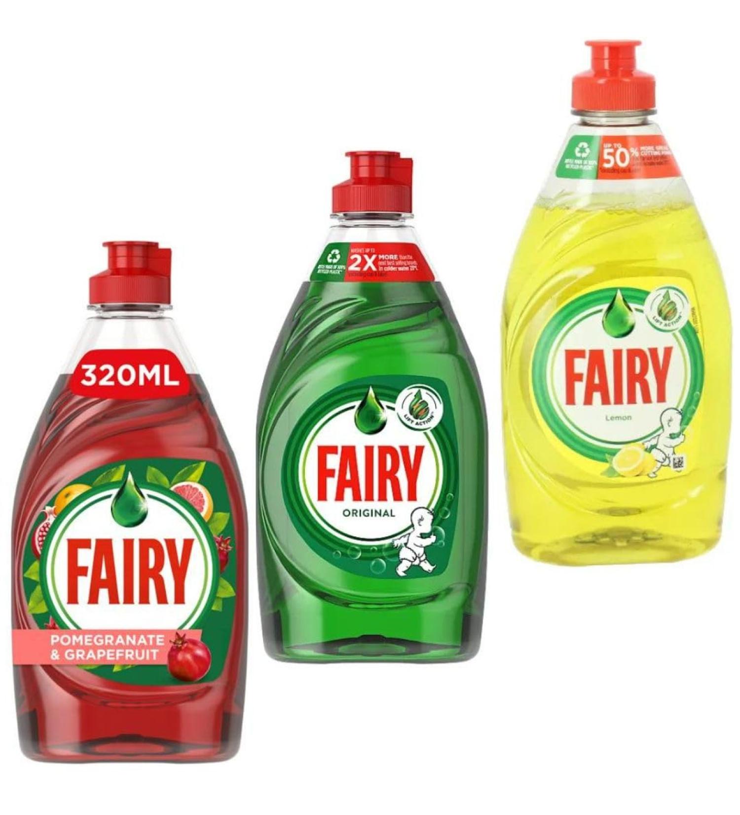 SAESR 3 Pack Variety Fairy Washing Up Liquid 320ml Bundle - Original Lemon Pomegranate and Grapefruit (Variety 3 Pack) - Buy Online on GoSupps.com