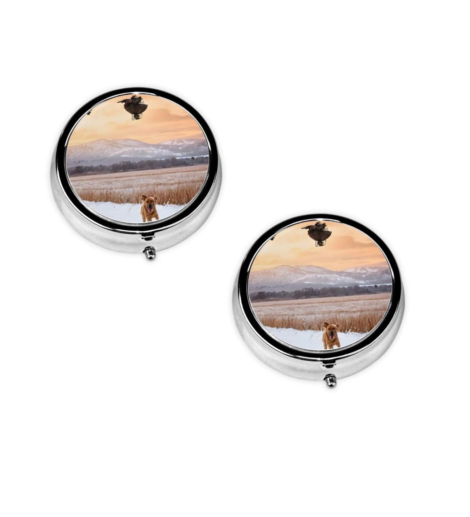 Dog Catching Pheasant Mini Round Pill Box | 3 Compartment Travel Pill Organizer | Portable Medicine Case for Home & Office - Buy Online on GoSupps.com