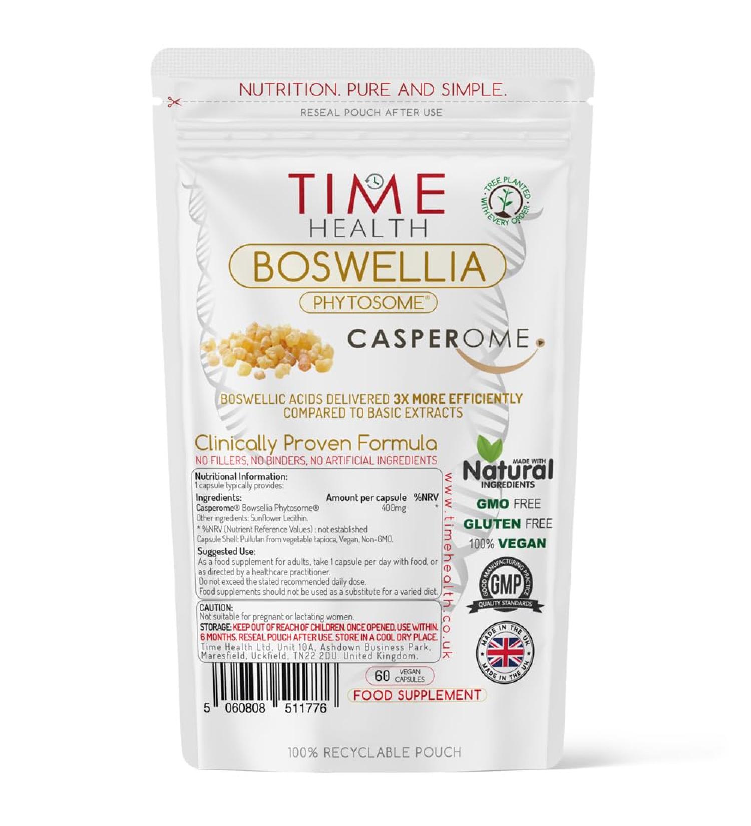 Boswellia Phytosome 60 Capsules 2-4x Enhanced Absorption 25% Triterpenic Acids Indian Frankincense Clinically Proven Formula Made with Casperome UK Made GMP Standards Zero Additives 60 count (Pack of 1)