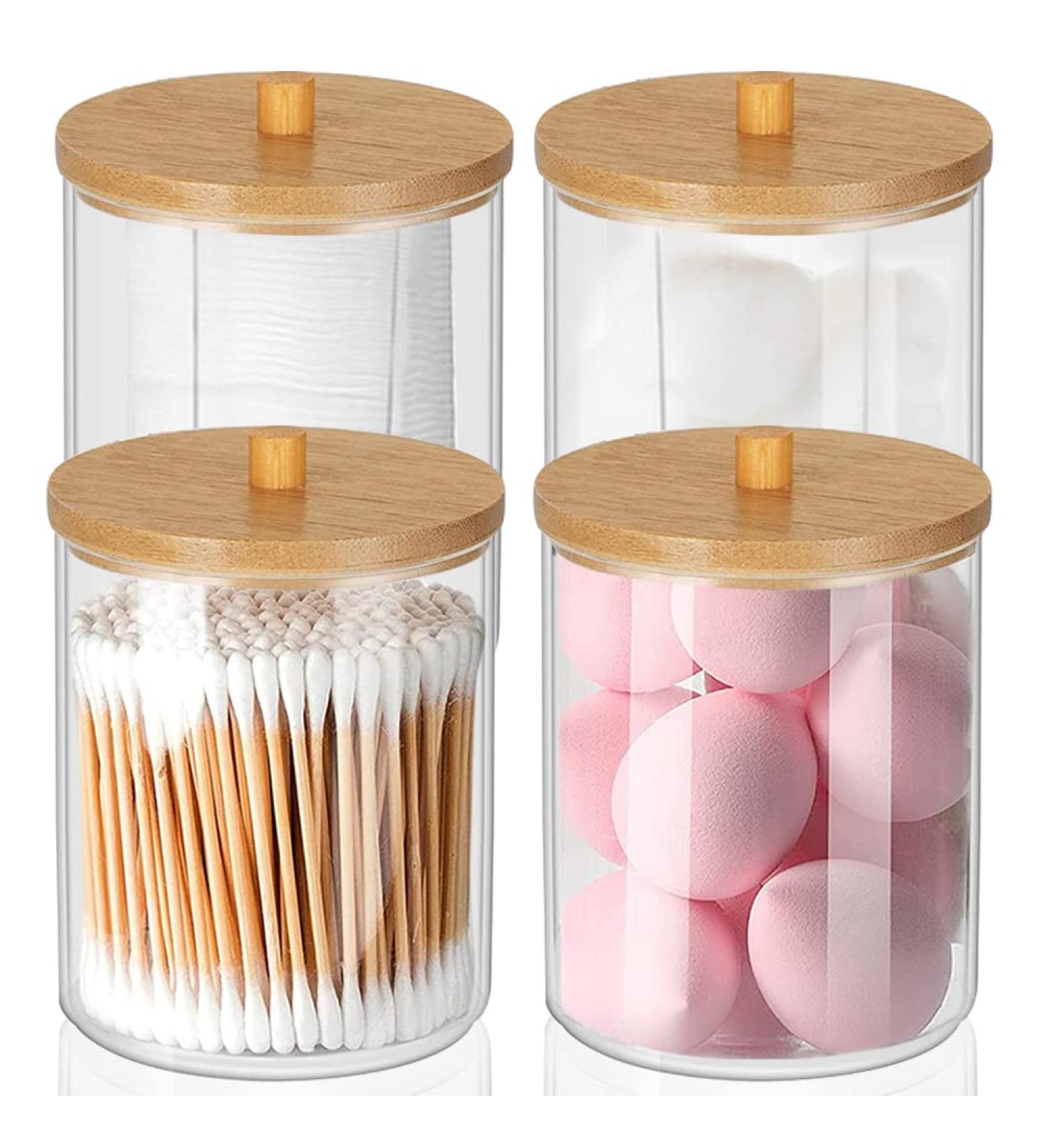 Ivoppe Qtip Holder Set - 4 Piece Cotton Pads Container with Bamboo Lid | Perfect for Makeup Cotton Swabs and Cosmetic Storage - Buy Online on GoSupps.com