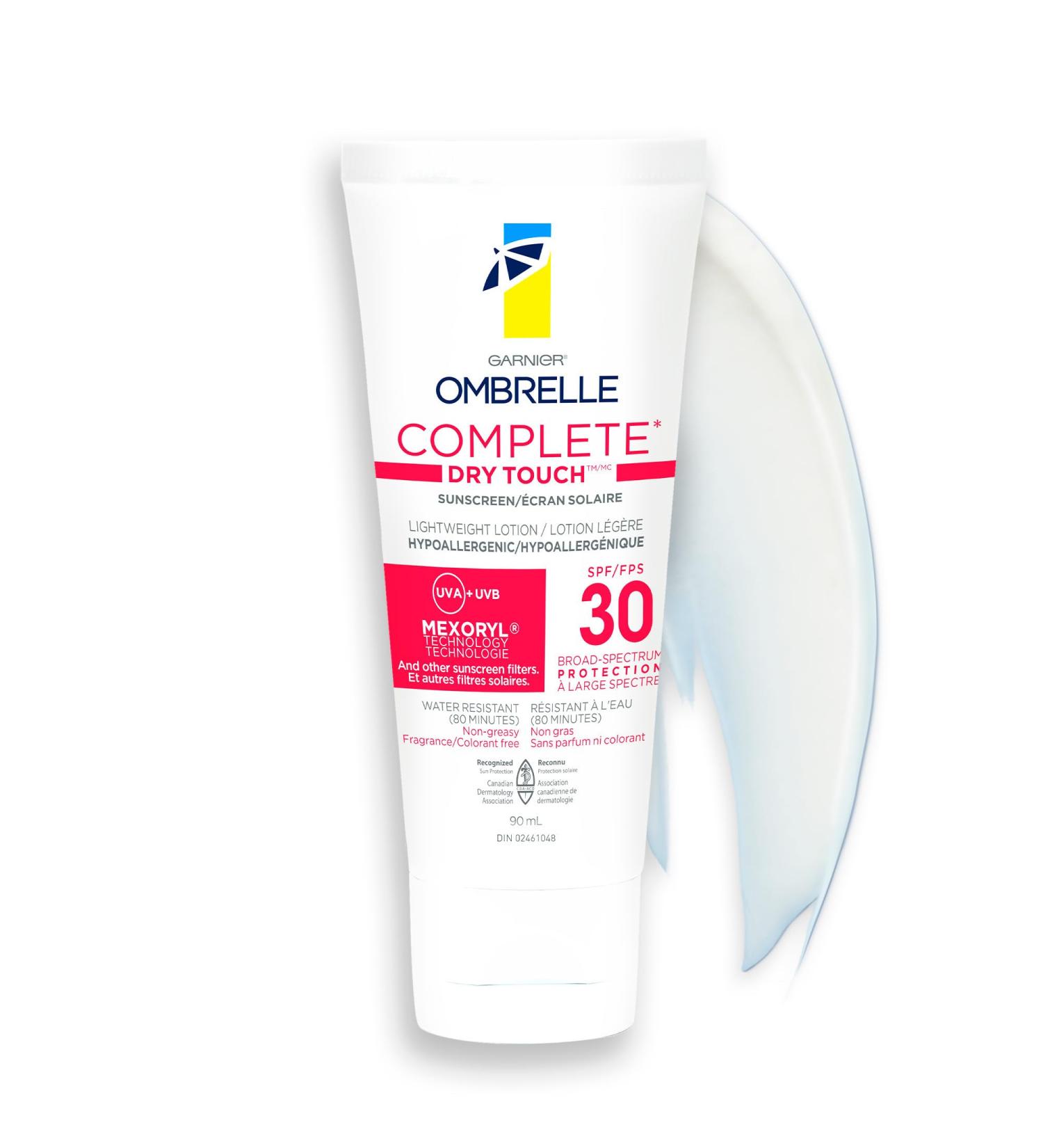 Garnier Ombrelle Complete Dry Touch Sunscreen Lotion SPF 30 For Face & Body For Sensitive Skin Water-Resistant Non-Greasy Non-Sticky Hypoallergenic Fragrance-Free High Broad Spectrum UVA/UVB Protection 90ml - Buy Online on GoSupps.com