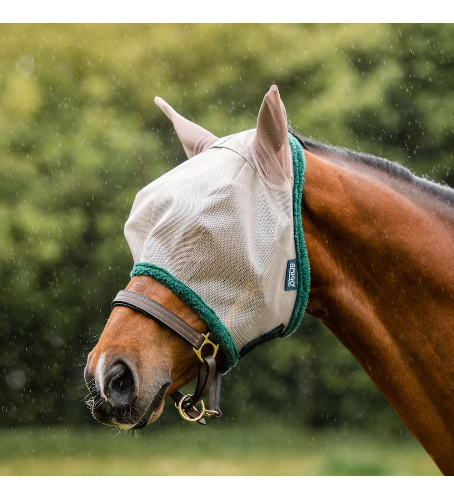 Horseware Amigo Fly Mask Size:Thoroughbred Color:Oatmeal/Green Thoroughbred Oatmeal/Green