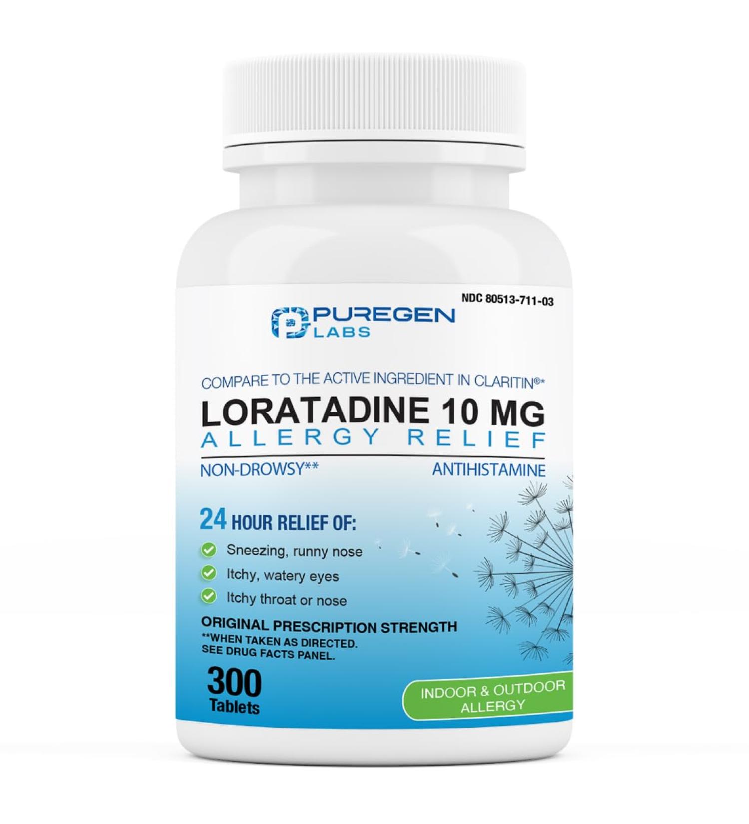 Puregen Labs Allergy Relief Loratadine 10mg 300 Tablets 24 Hour Non-Drowsy Antihistamine Allergy Medicine for Runny Nose Sneezing Itchy Watery Eyes - Buy Online on GoSupps.com