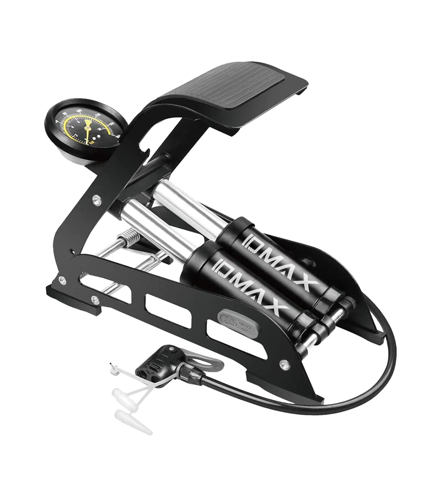 IDMAX Double Barrel Foot Pump with 160PSI Gauge | Portable Bike Floor Pump for Schrader and Presta Valve | Black Bicycle Tire Inflator - Buy Online on GoSupps.com