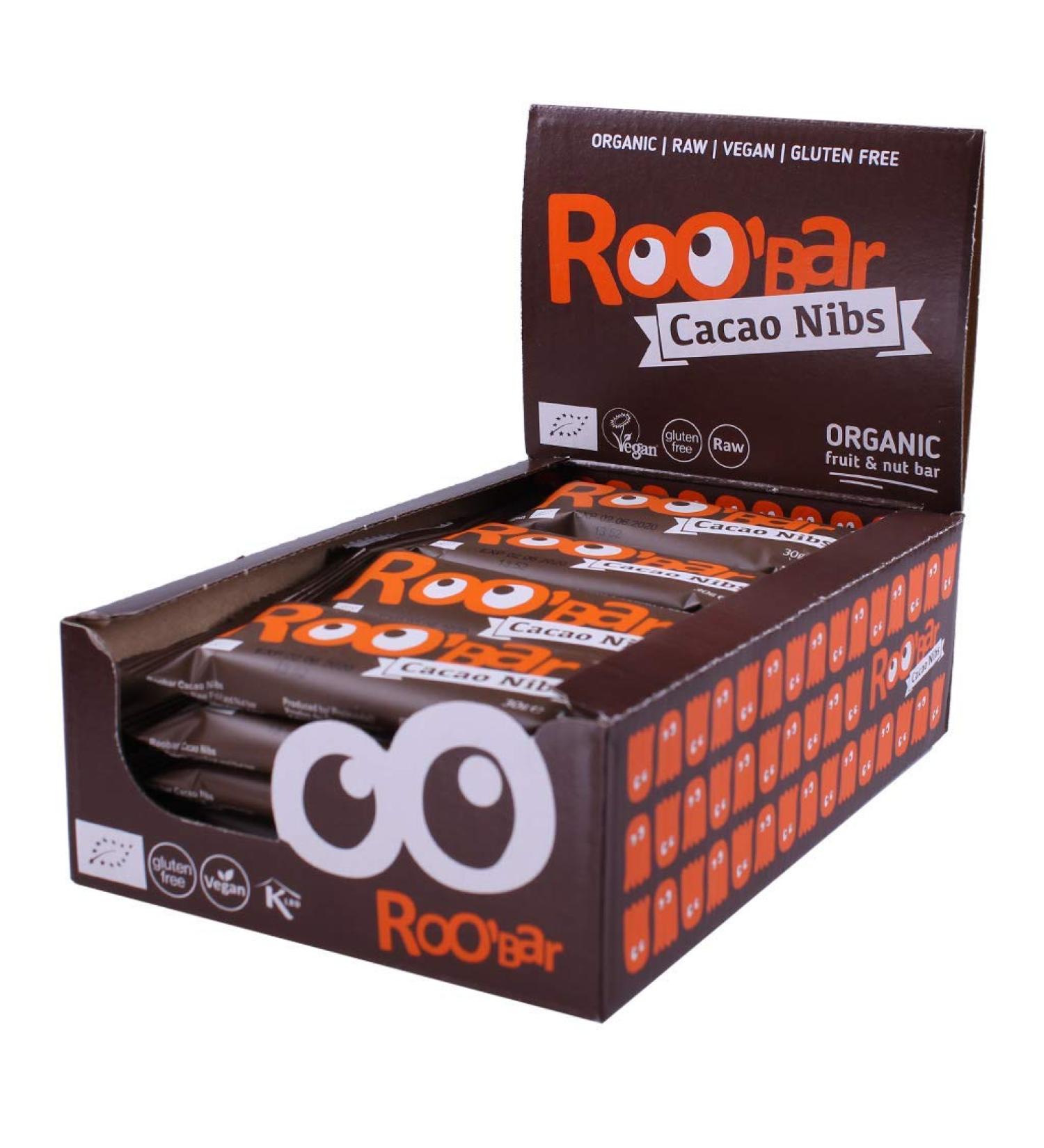 Roobar Cacao Nibs Raw Bar - Dairy & Gluten Free. 100% Organic Vegan with Superfoods for Optimum Nutrition. No Added Refined Sugar - 20 x 30g Raw Bars - Buy Online on GoSupps.com