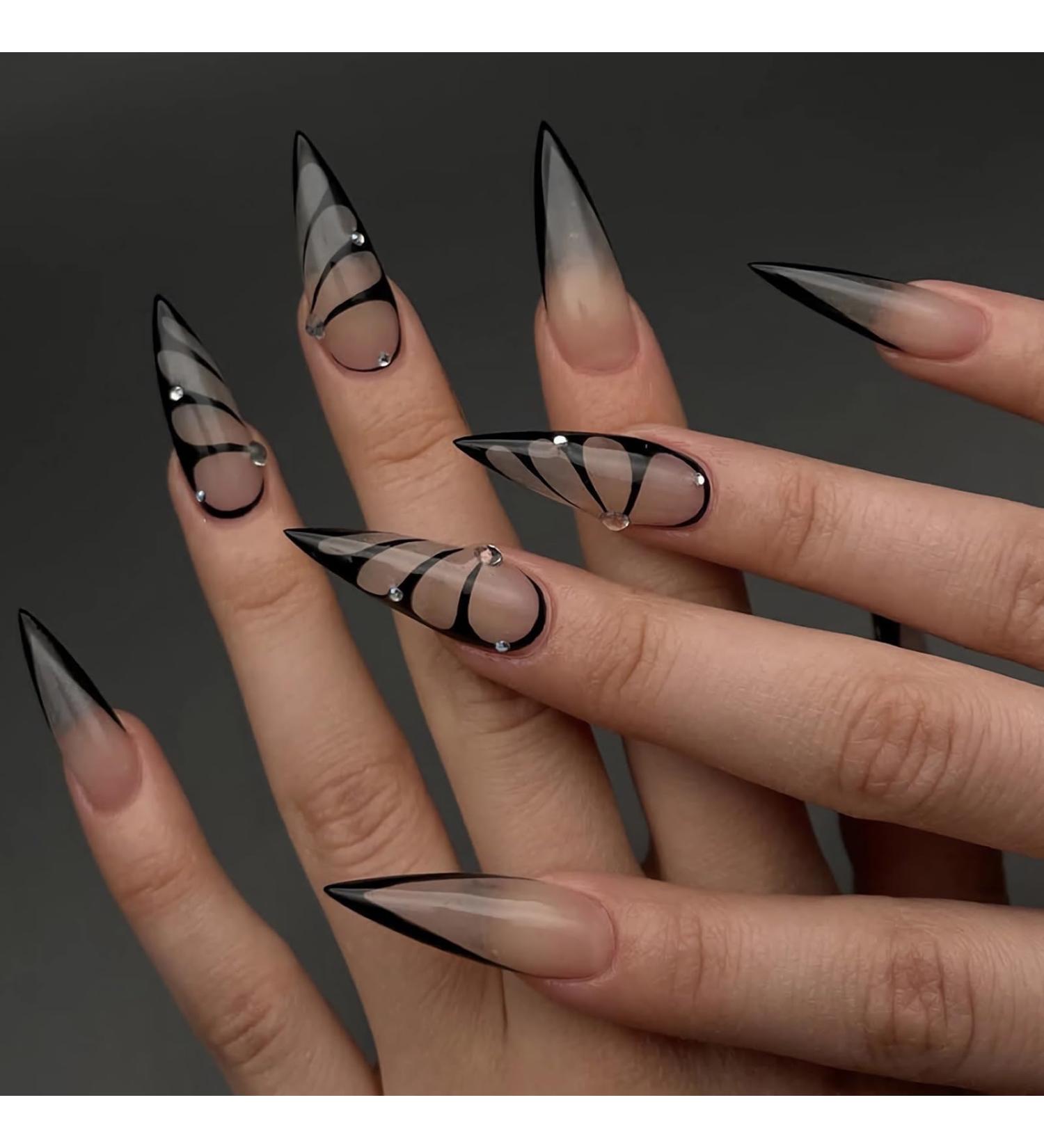 Buy MISUD Long Stiletto Press on Nails - Glossy Black French Tip Fake Nails with Rhinestones & Butterfly Design - 24 pcs Acrylic Nail Set - Fast International Shipping - Buy Online on GoSupps.com