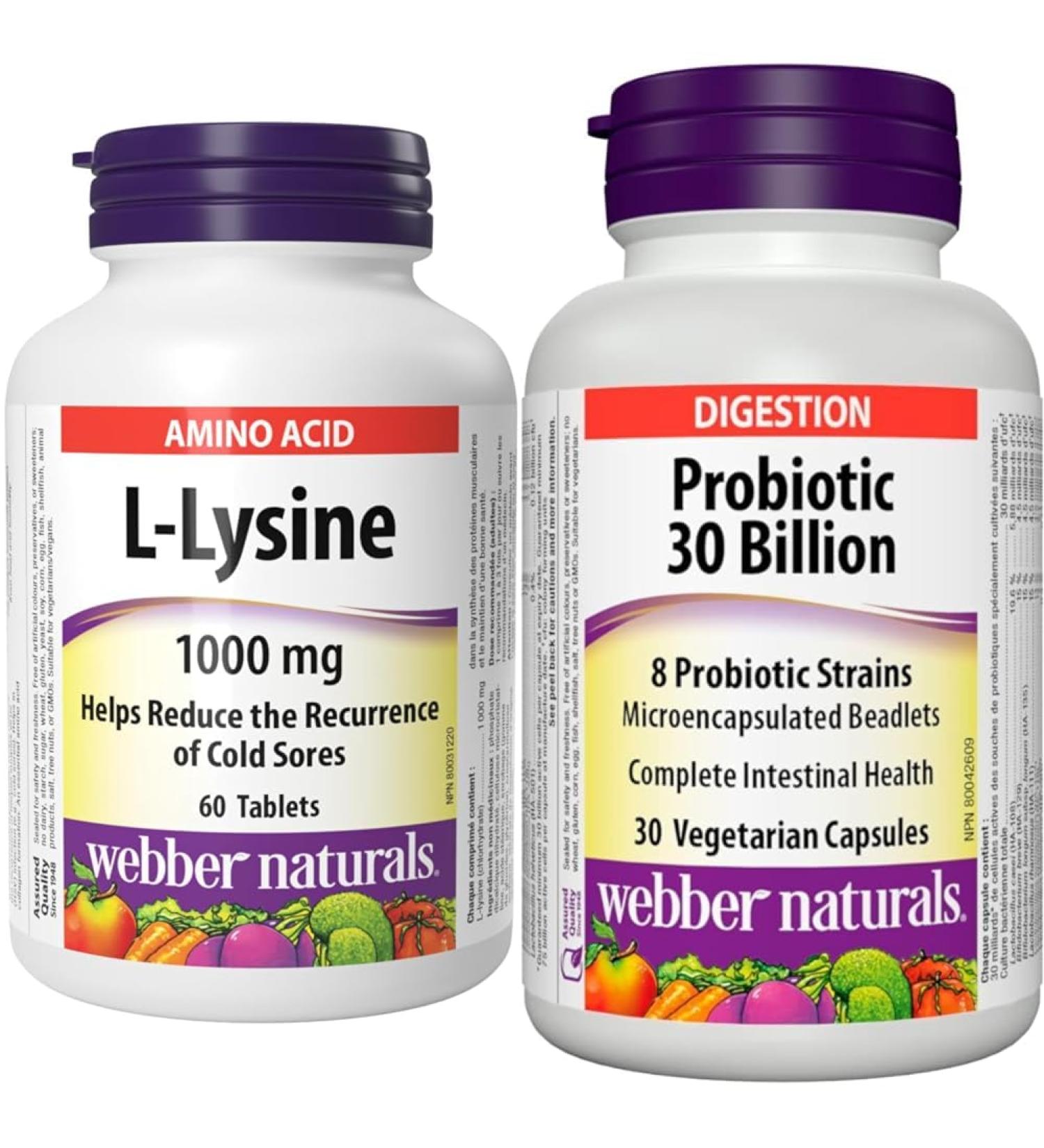 Webber Naturals L-Lysine 1000 mg 60 Tablets Prevents Cold Sores Vegan & Probiotic 30 Billion Active Cells 8 Probiotic Strains 30 Capsules For Digestive Health Vegetarian - Buy Online on GoSupps.com