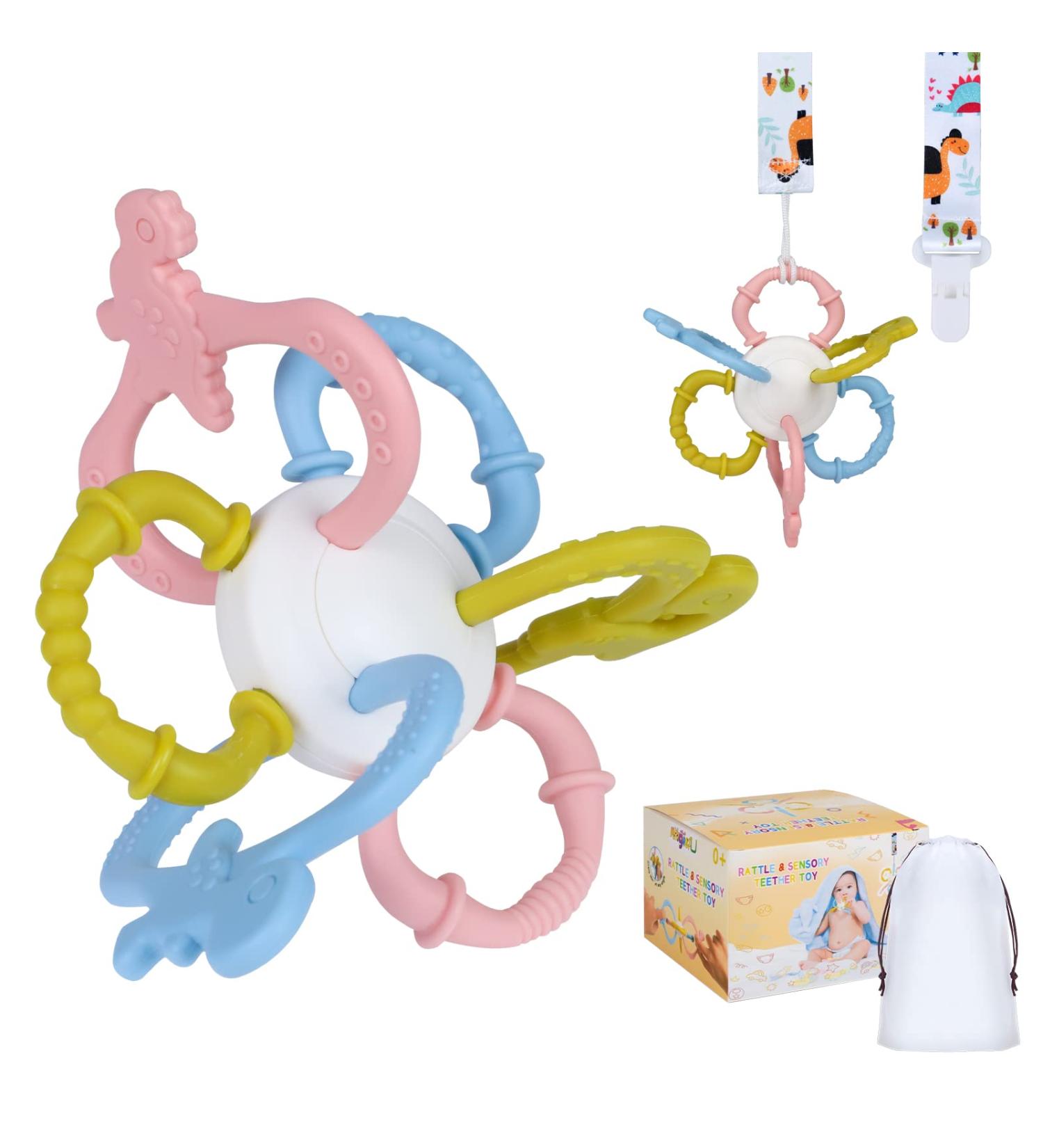 Sensory Teething Toys for Babies 3-24 Months - Baby Rattle Soft Teether with Pacifier Clip | 6 Textures | Gender Neutral Infant Toy - Buy Online on GoSupps.com