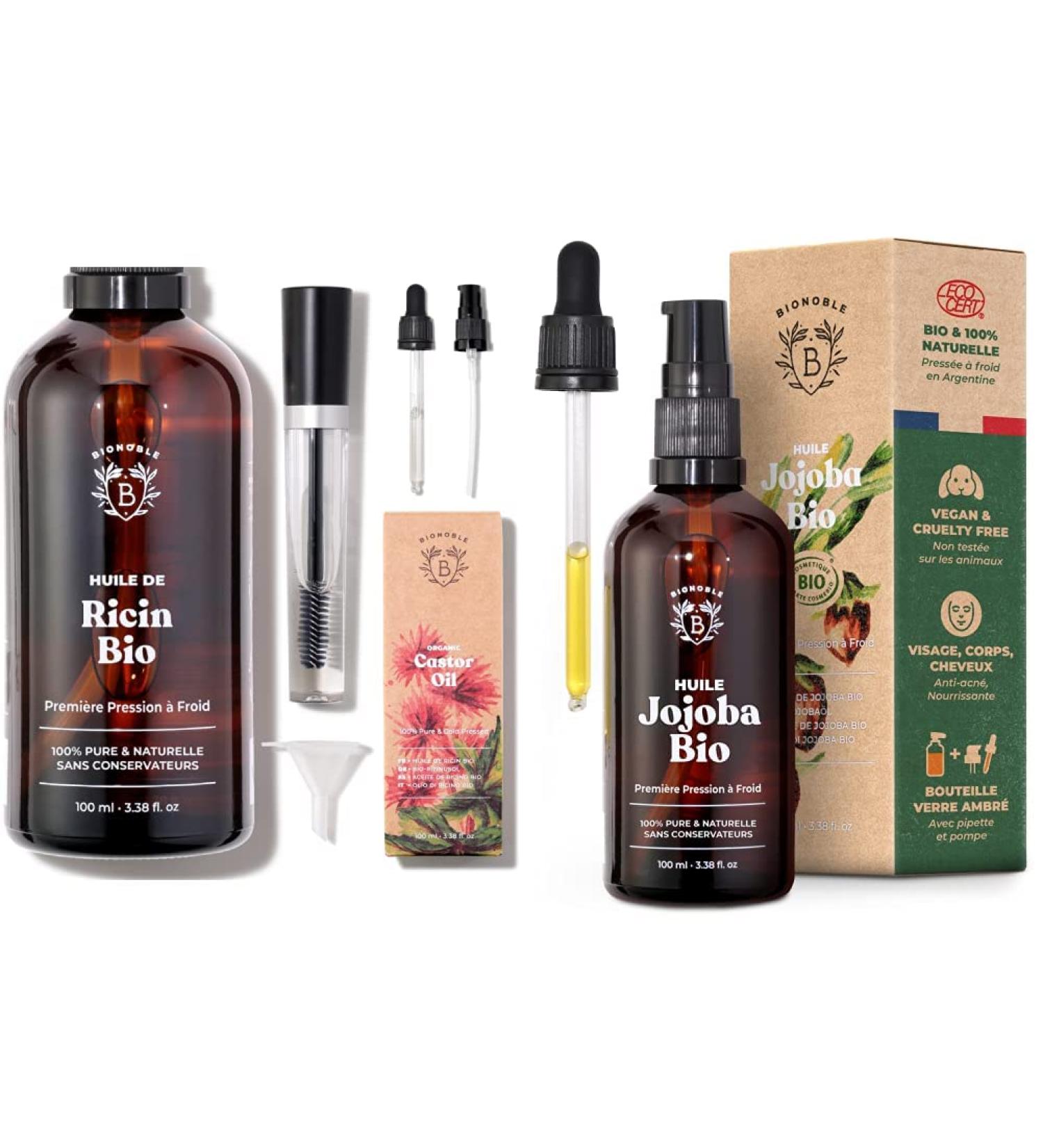 Buy Bionoble Organic Jojoba & Castor Oil Bundle - 100ml Vegan Hair Beard Eyelash & Nail Care - Cruelty-Free with Glass Bottle & Pump - Buy Online on GoSupps.com