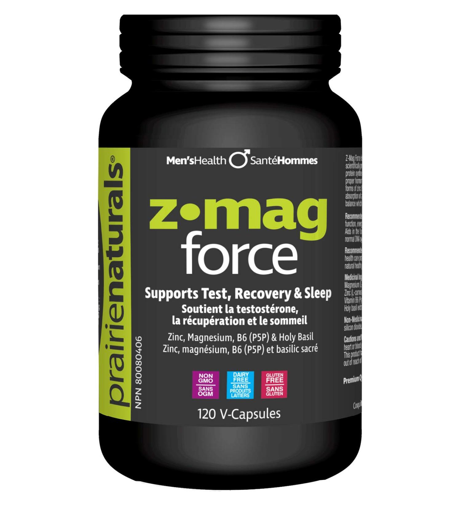 Prairie Naturals Z Mag Force better bones/teeth tissue formation muscle function maintenance. Electrolyte balance normal acid-base metabolism form red blood cells. Holy Basil. Zinc. Magnesium. B6 P5P. Better testosterone level. Non-GMO. Dairy free. Gluten - Buy Online on GoSupps.com