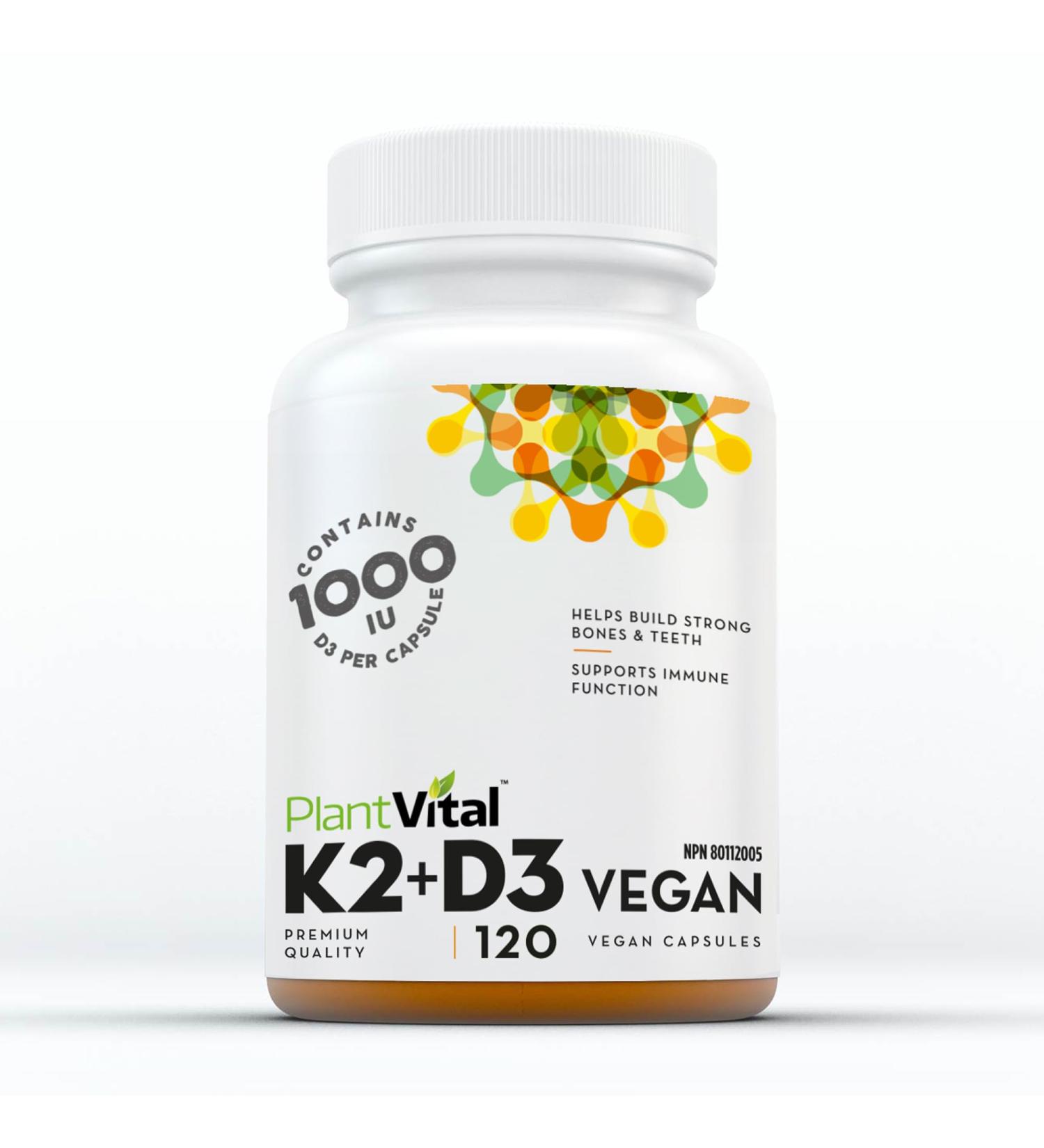 PlantVital High-Potency Vegan Vitamin D3 + K2 - (1000IU /25 mcg + 120 mcg) for Bones Teeth Good Health and Immune System - Patented MK7 Form - K2 D3 vitamin - 4 Months Supply - 120 Capsules. 120 count (Pack of 1) - Buy Online on GoSupps.com