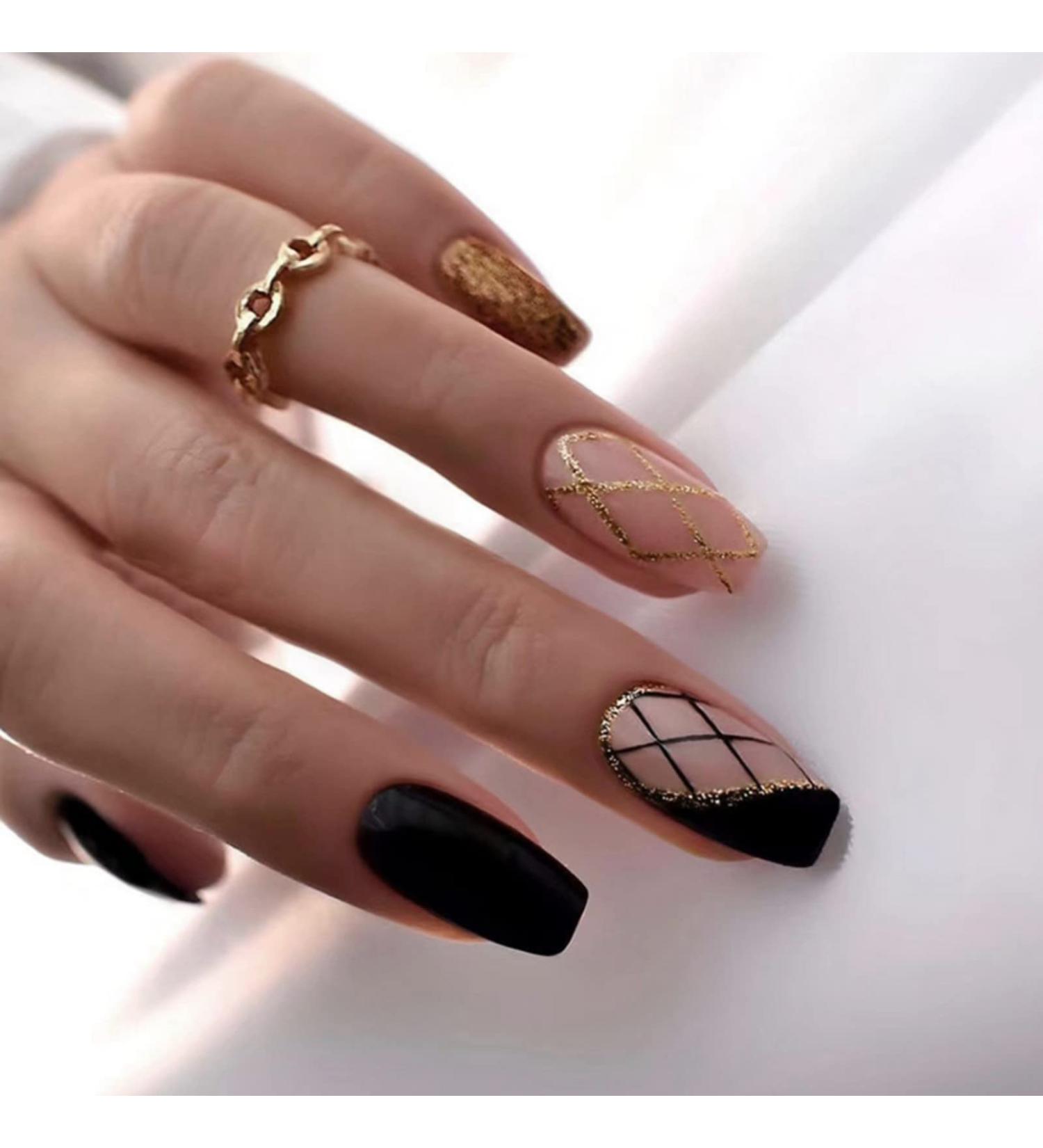 Justotry 24 Pcs Tartan False Nails Long Black French Press on Nails with Gold Swirl Ballerina Design - Acrylic Coffin Fake Nails Medium with Glue for Women's Nail Art - Buy Online on GoSupps.com