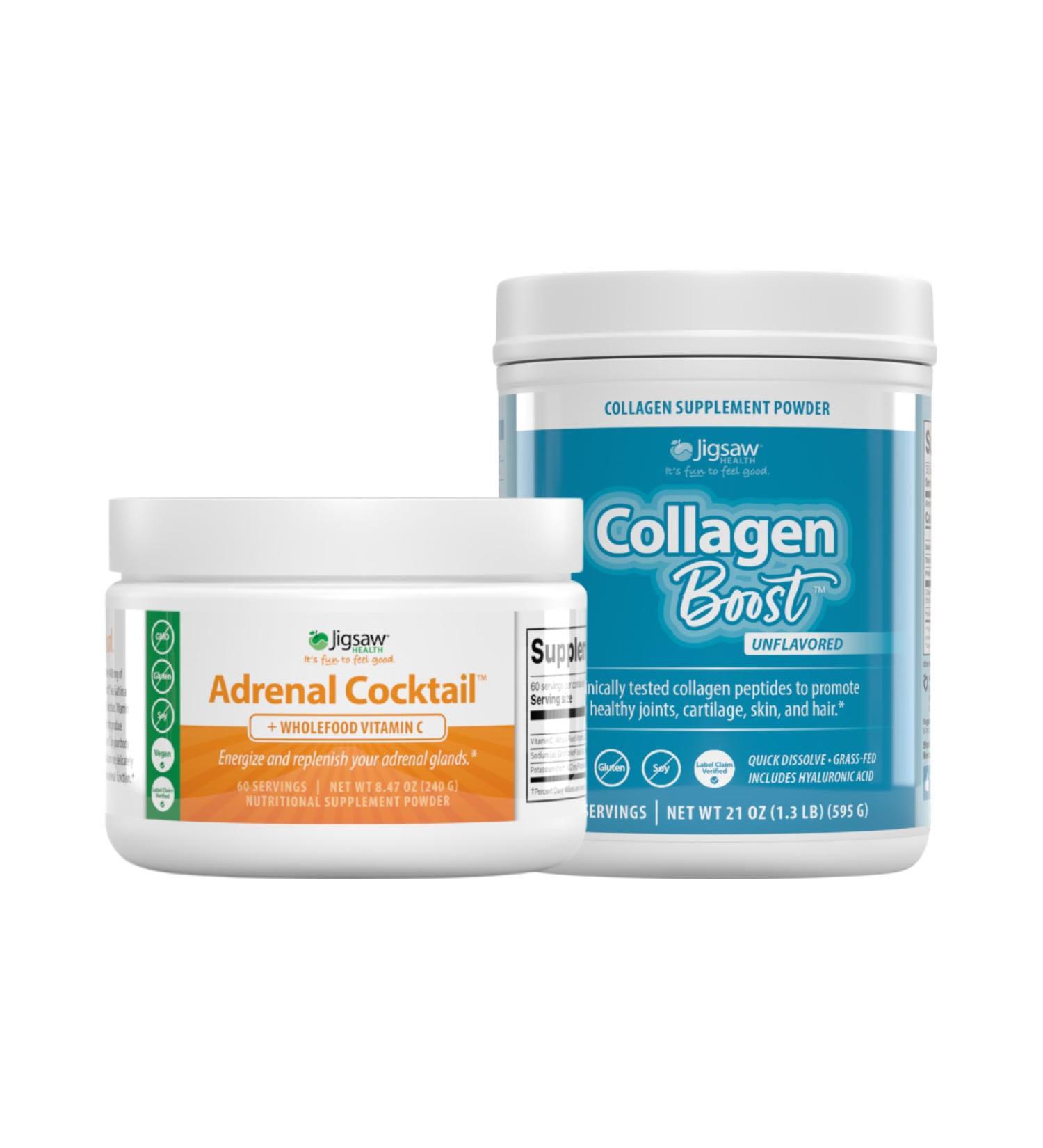 Jigsaw Health Bundle | Adrenal Cocktail 60 Servings (Jar) and Collagen Boost 30 Servings (Jar) - Buy Online on GoSupps.com
