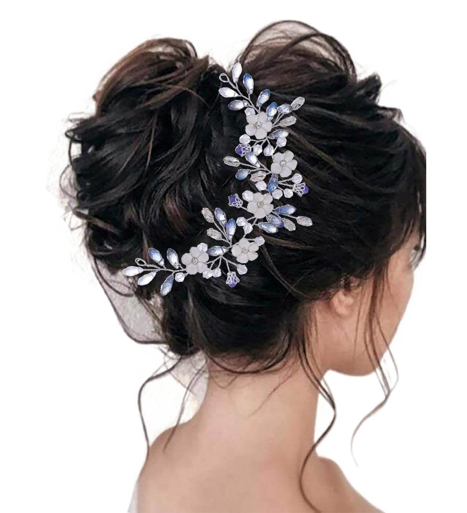 IYOU Crystal Wedding Hair Vine Flower Navy Blue Headband Rhinestone Bridal Hair Accessories for Women - Buy Online on GoSupps.com
