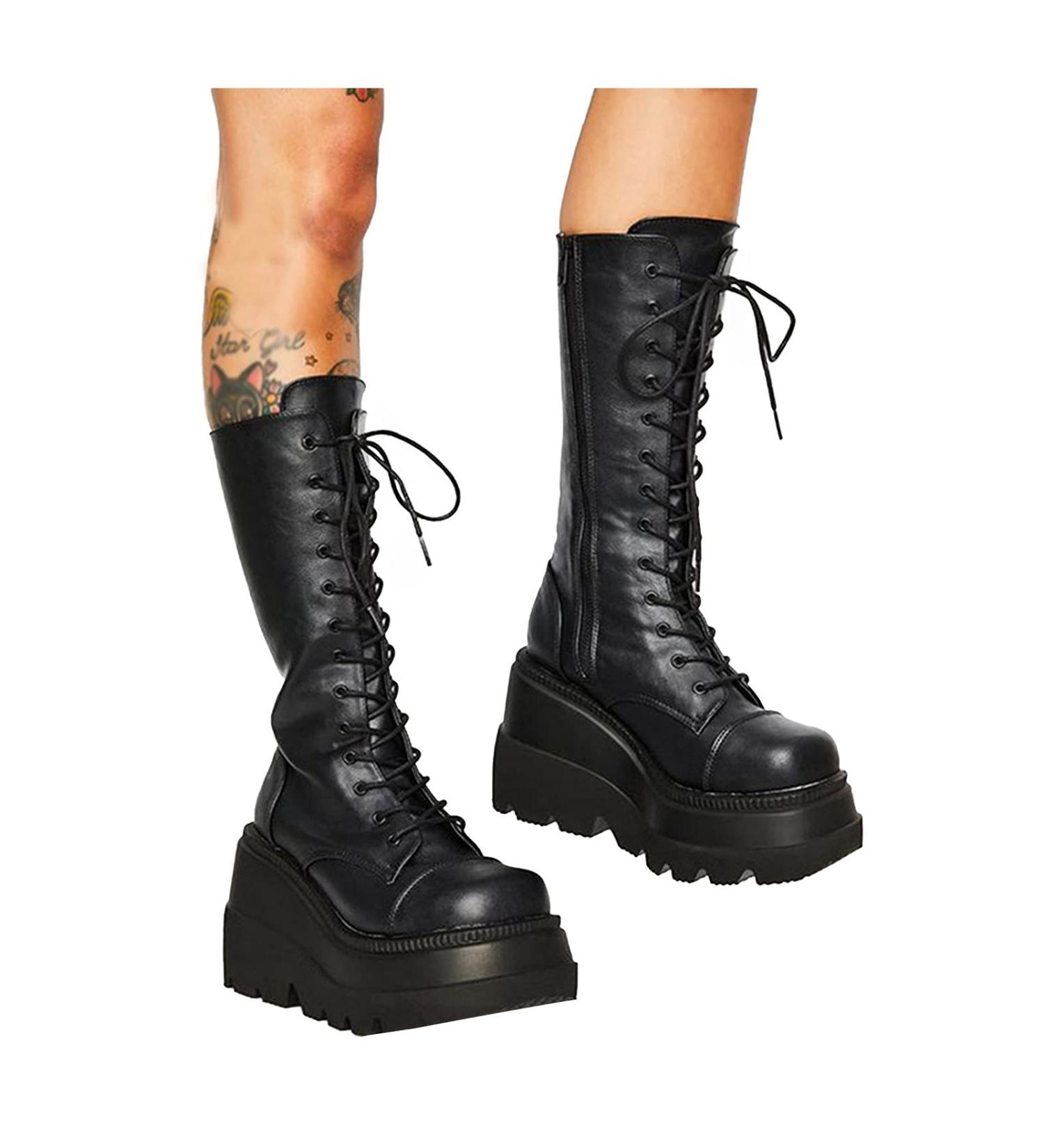 Chidy Women's Wedge Platform Mid Calf Boots - Chunky High Heel Side-Zip Lace-Up Motorcycle Riding Boots | Punk Gothic Fashion | 42 EU Black - Buy Online on GoSupps.com