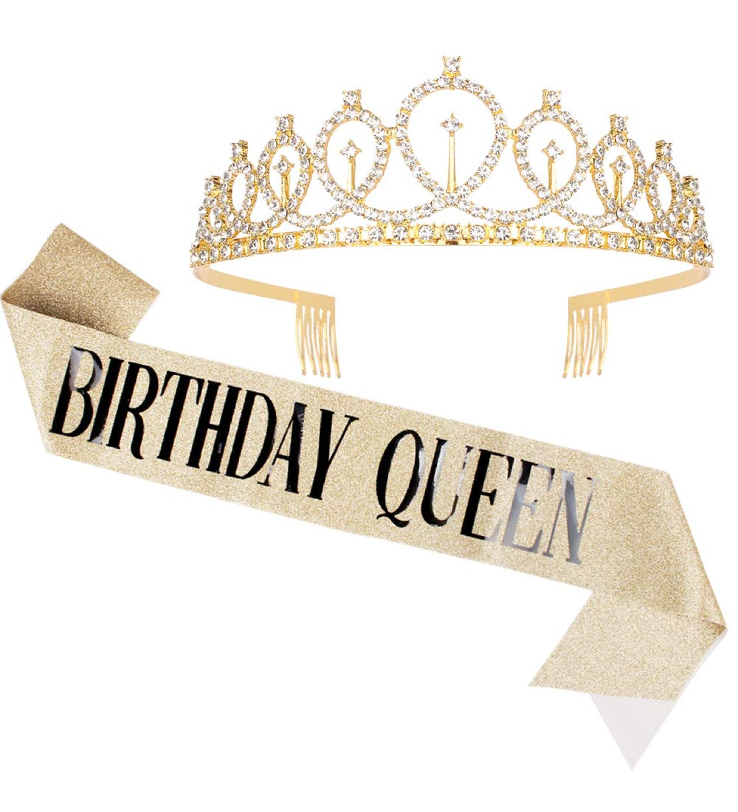 Didder Gold Birthday Crown and Rhinestone Tiara with Birthday Queen Sash Set - Party Accessories for Women and Girls - Buy Online on GoSupps.com