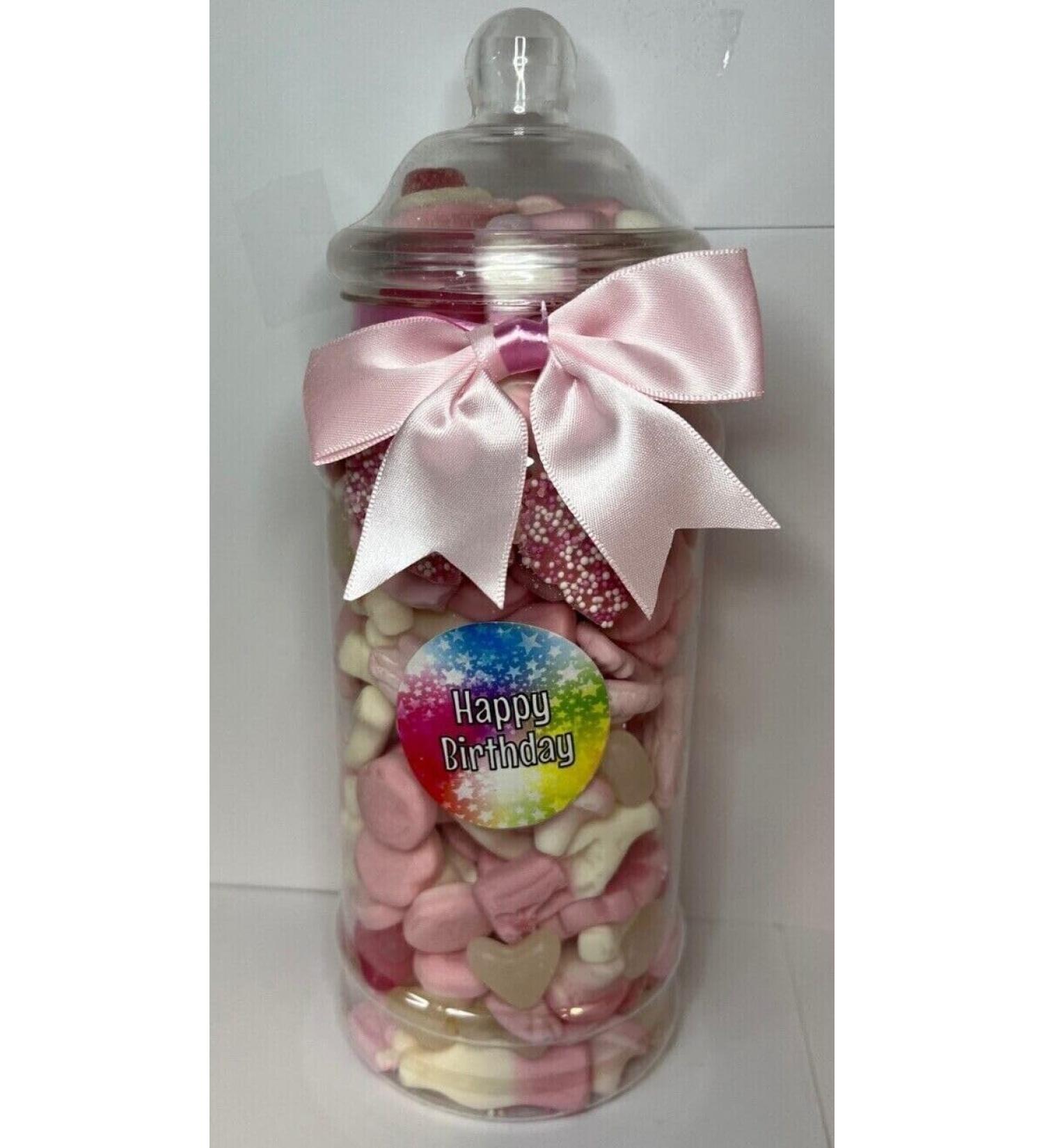 Happy Birthday Filled Pick N Mix Sweet Victorian Jar Gift Personalised Present 970ml Pink - Buy Online on GoSupps.com