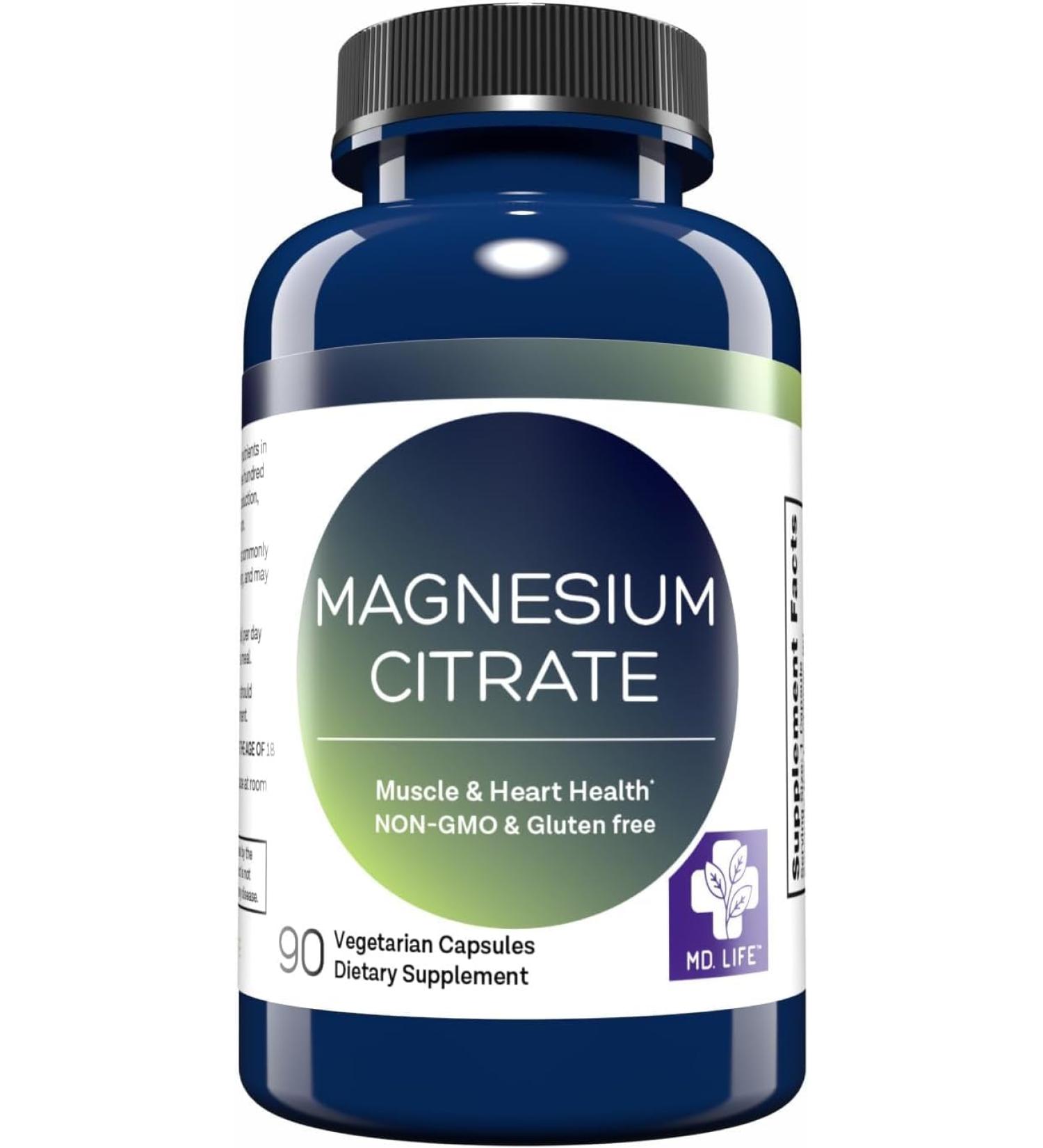 MD. Life Magnesium Citrate 250 mg 90 Capsules High Absorption Magnesium Citrate Supplement Easy-to-Swallow Capsules for Muscle Nerve Heart Sleep and Bone Support 90 Count (Pack of 1) - Buy Online on GoSupps.com
