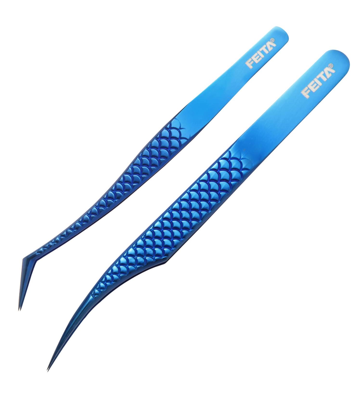 FEITA Diamond Grip Eyelash Extensions Tweezer 2Pcs - Japanese Steel Dolphin-shaped Precision Tweezers for False Lashes Application - Blue - Buy Online on GoSupps.com